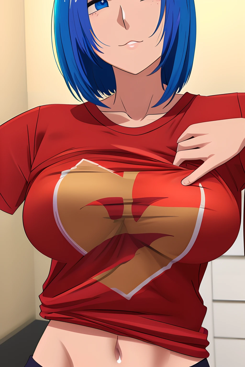 SFW, um close up de uma pessoa com uma camisa em um quarto, visual anime de uma jovem mulher, camiseta molhada e apertada no peito, revelando roupas, a hand on the left breast, Oppai