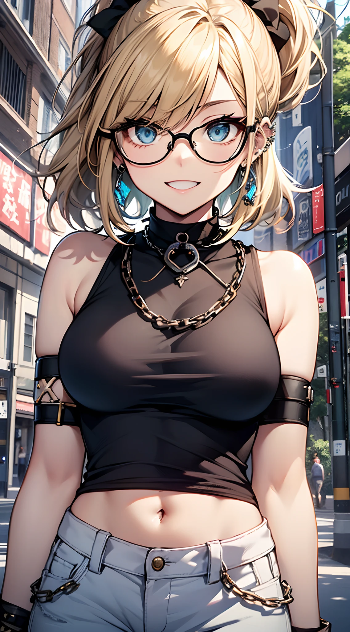 top-quality、Top image quality、masterpiece、girl with((18year old、tatteredclothing、Black Navel Tank Top、White pants、Best Bust、Bust 85、a blond、disheveled ponytail、Blue eyes、open chest wide、Happiness、Chain Accessories、Black wristband on wrist、eye glass、Ear-piercing))、hiquality、visualart、Background with((a park))、masutepiece