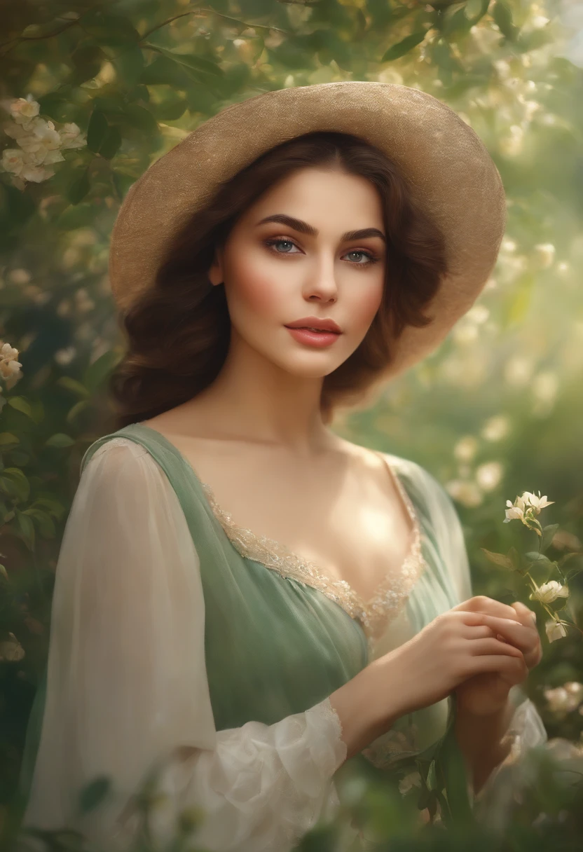 A girl in a garden,beautiful detailed eyes,beautiful detailed lips,extremely detailed eyes and face,long eyelashes,medium:oil painting,ultra-detailed,realistic:1.37,highres,studio lighting,professional,vivid colors,bokeh,soft sunlight,floral backdrop,green grass,whispering breeze,serene atmosphere,delicate flowers,faint scent of blossoms,gentle rustling of leaves,sun-kissed skin,flowing dress,natural poses,peaceful expression