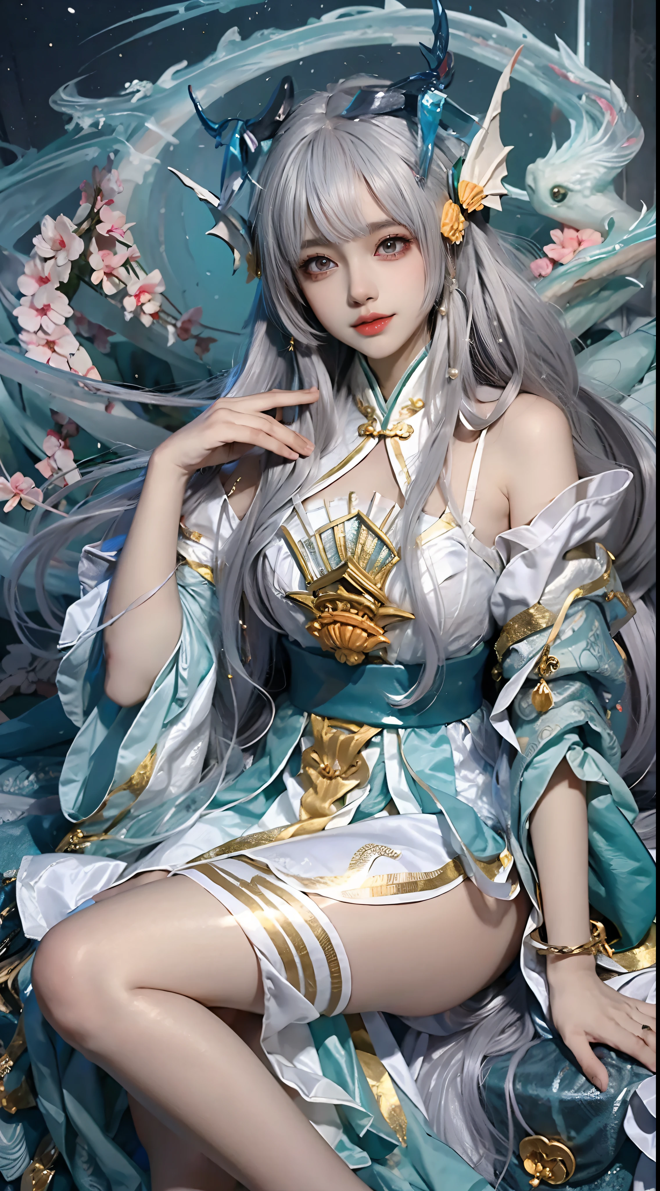 Beautiful celestial mage，Amazing young ethereal characters，shaxi，A flowing magic robe，White Hanfu，xianxia fantasy，Beauty Delfin，Ethereal fantasy，Elegant and charming cosplay，one-girl，((Lie flat on the bed))，Bend your legs，((Top-down view))，Feminine and colorful，It's tumultuous，Hands relax naturally，nighttime scene，Lots of neon