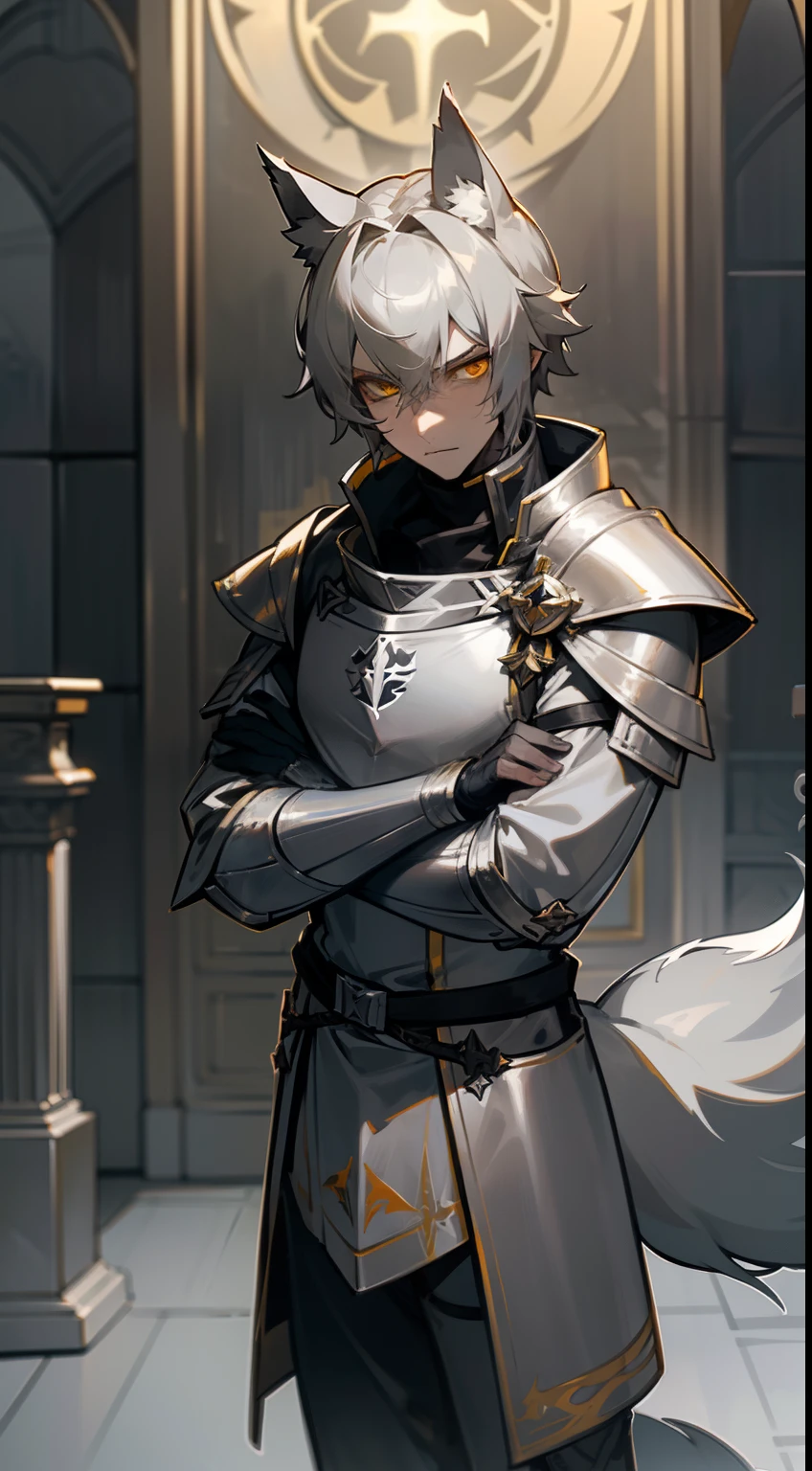 1boy,solo,gray hair,short hair,yellow eyes,((templar silver knight outfit)), wolf ears,(((1wolf tail))), serious face, masterpiece, HD, 4k,face detailed,standing in a room in night,crossed arms