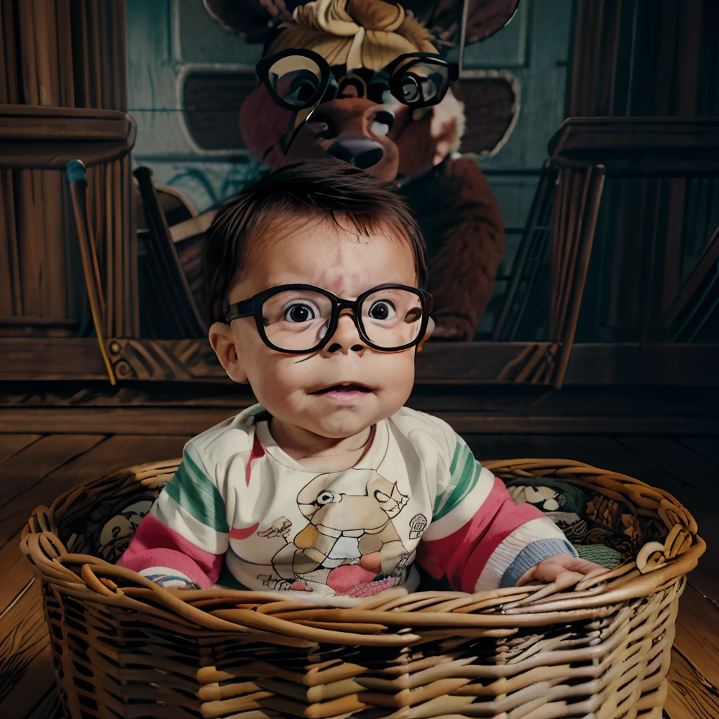 "A Studio Ghibli-style illustration of a 1--old  wearing glasses, dressed in a striped knit sweater with a bear design on the front. He is inside a wicker basket filled with rolls of yarn. Studio illustration with chiaroscuro lighting, 8k quality."