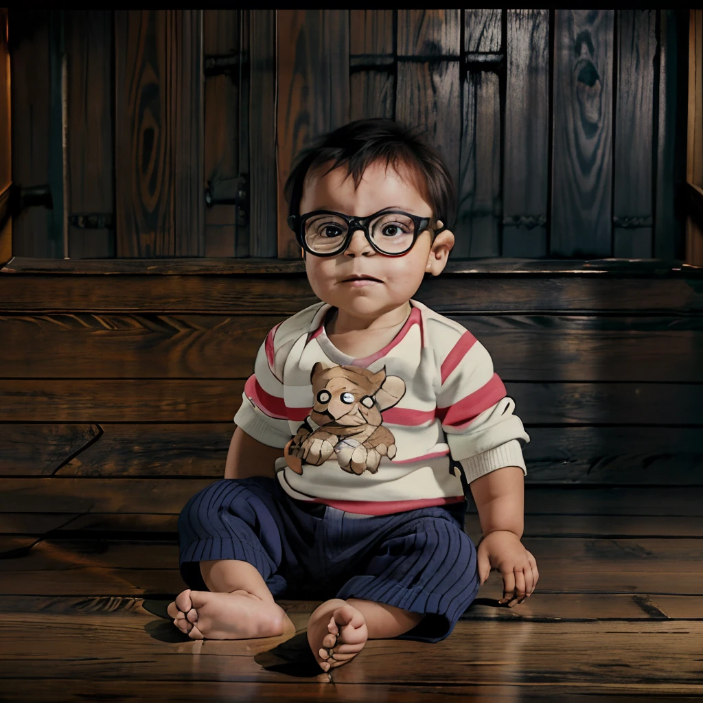 "A Studio Ghibli-style illustration of a 1-year-old baby boy wearing glasses, dressed in a striped knit sweater with a bear design on the front. He is inside a wicker basket filled with rolls of yarn. Studio illustration with chiaroscuro lighting, 8k quality."