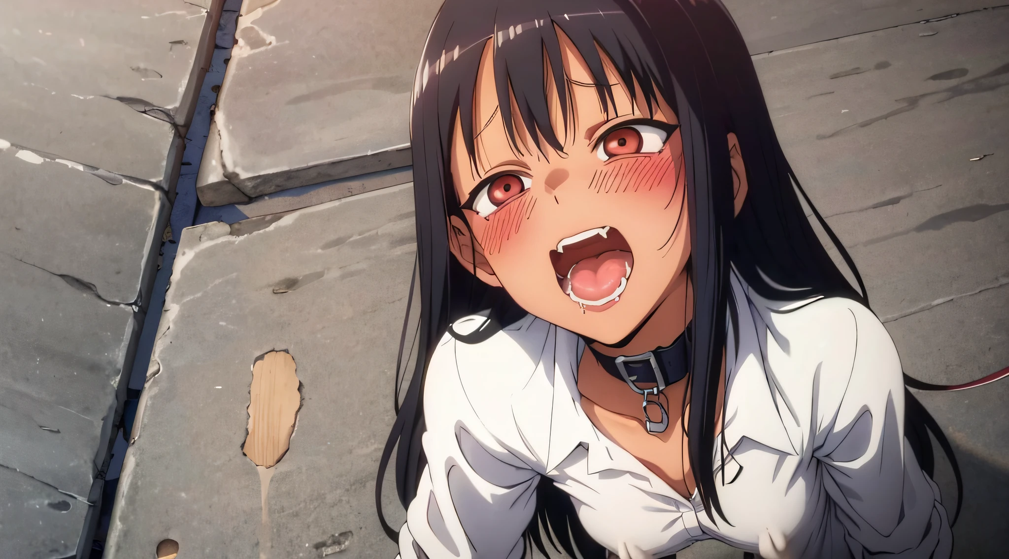 collar,leash,cleanched teeths,blush,small tits,fucked silly, ahegao, cum in pussy,