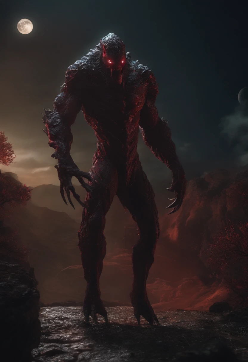 Strange monsters in fantasy worlds，Blood，Moon Night，中景 the scene is，Full body like， highly detailed surreal vfx，oc rendered，Shot with 70 mm - AR 16:9 --q 2 --s 1000