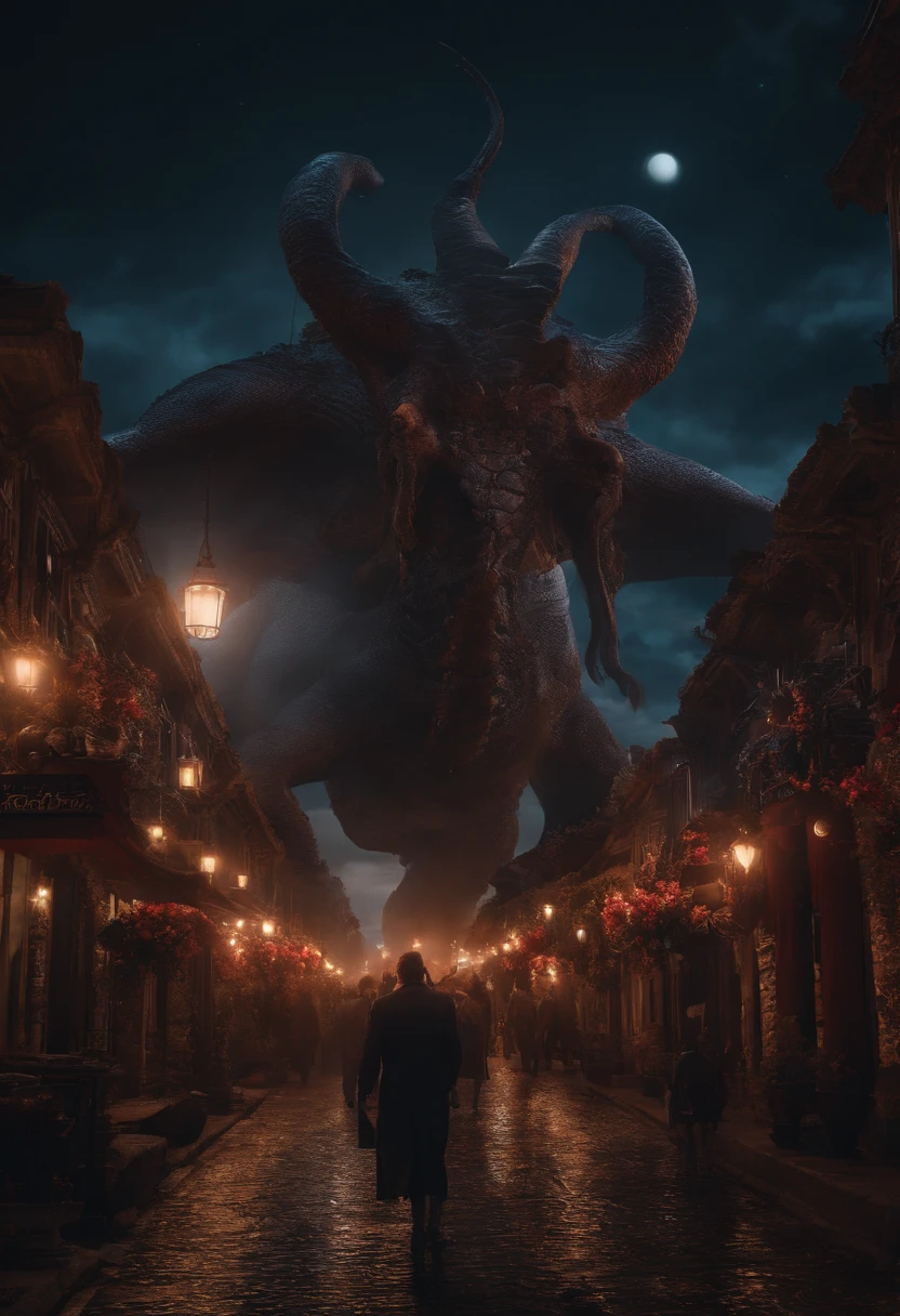 Strange monsters in fantasy worlds,Blood,Moon Night,中景 the scene is,Full body like, highly detailed surreal vfx,oc rendered,Shot with 70 mm - AR 16:9 --q 2 --s 1000