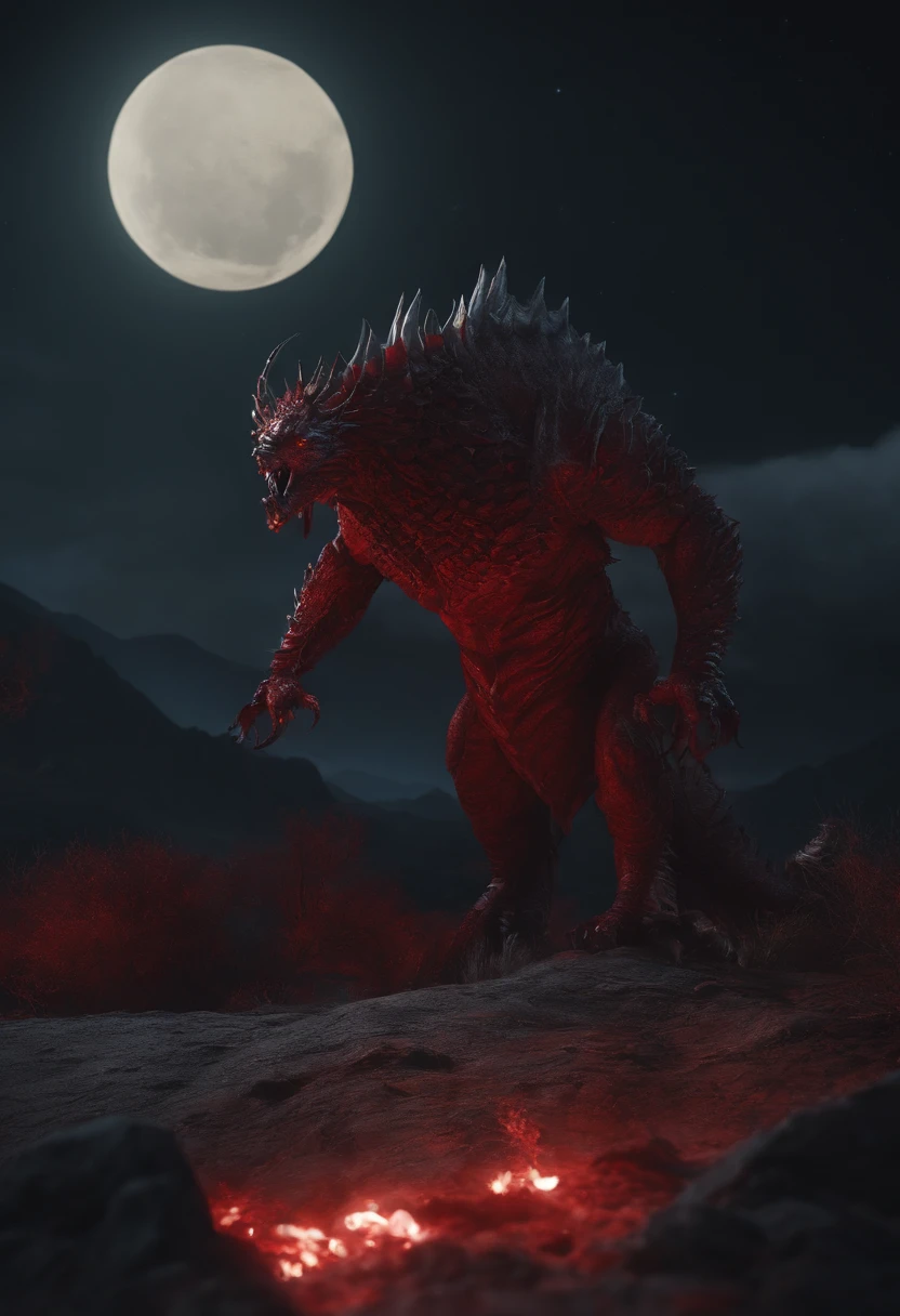 Strange monsters in fantasy worlds,Blood,Moon Night,中景 the scene is,Full body like, highly detailed surreal vfx,oc rendered,Shot with 70 mm - AR 16:9 --q 2 --s 1000