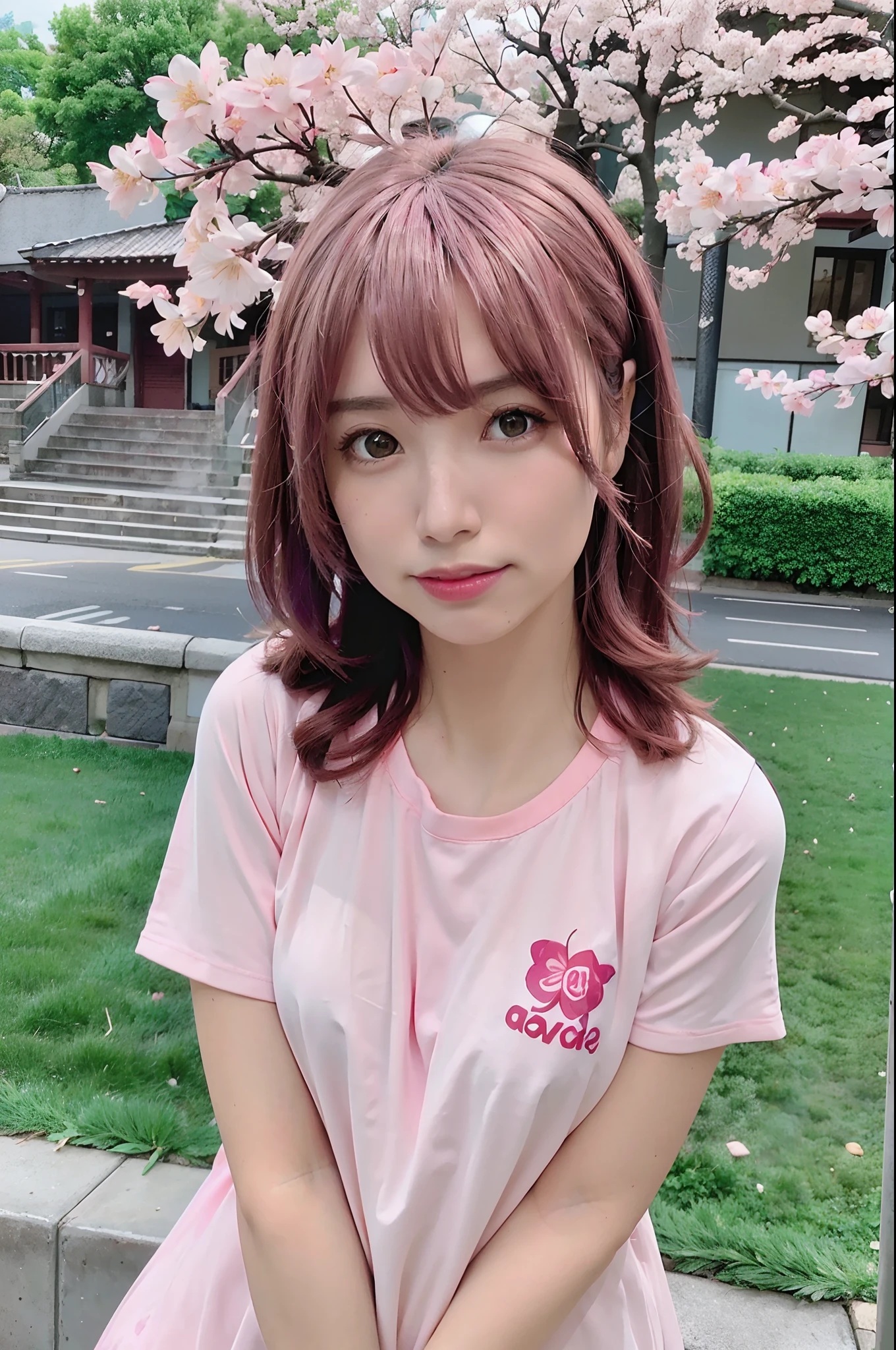 best quality, ultra high res, 1girl, hot pink hair, curly hair, hot pink eyes, angry, hot pink shirt, (photorealistic:1.4),blush,cute,(detailed face),light smile, 
looking at viewer,
upper body, japanese clothes, 
sunny,river,(cherry blossoms),blue sky,