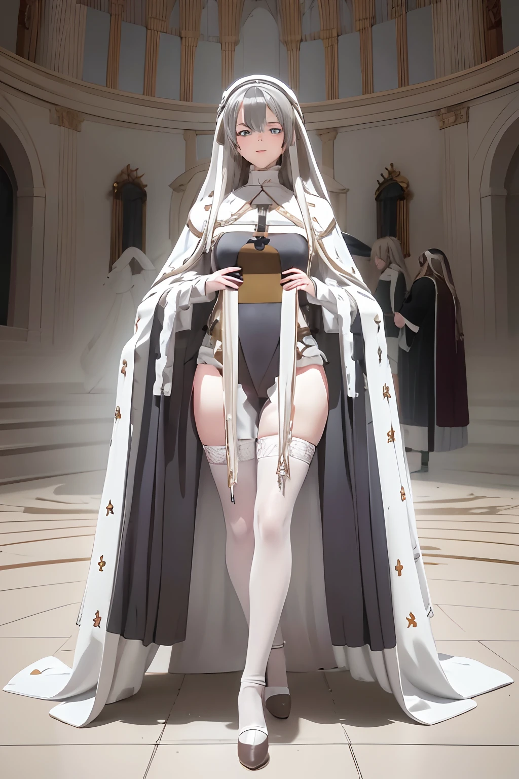 Masterpiece, best quality, Detailed, Detailed face, anime style, anastasia, blue eyes, gray hair, hair between the eyes, (hair and patch over one eye: 1.5), long hair, bangs, hair band, cape, brown hair band, wide sleeves, female religious clothing , wide sleeves, fur trim, tachi-e, royal tunic, white dress, white veil,( white nun's habit), white thighhighs, pelvic curtain, white heels shoes, revealing clothes,  Detailed clothes,  medium breasts, 
Hash lora 1 = .6 body, lora asuka, smile, open mouth, smiling, full body, pose, walking, in the park