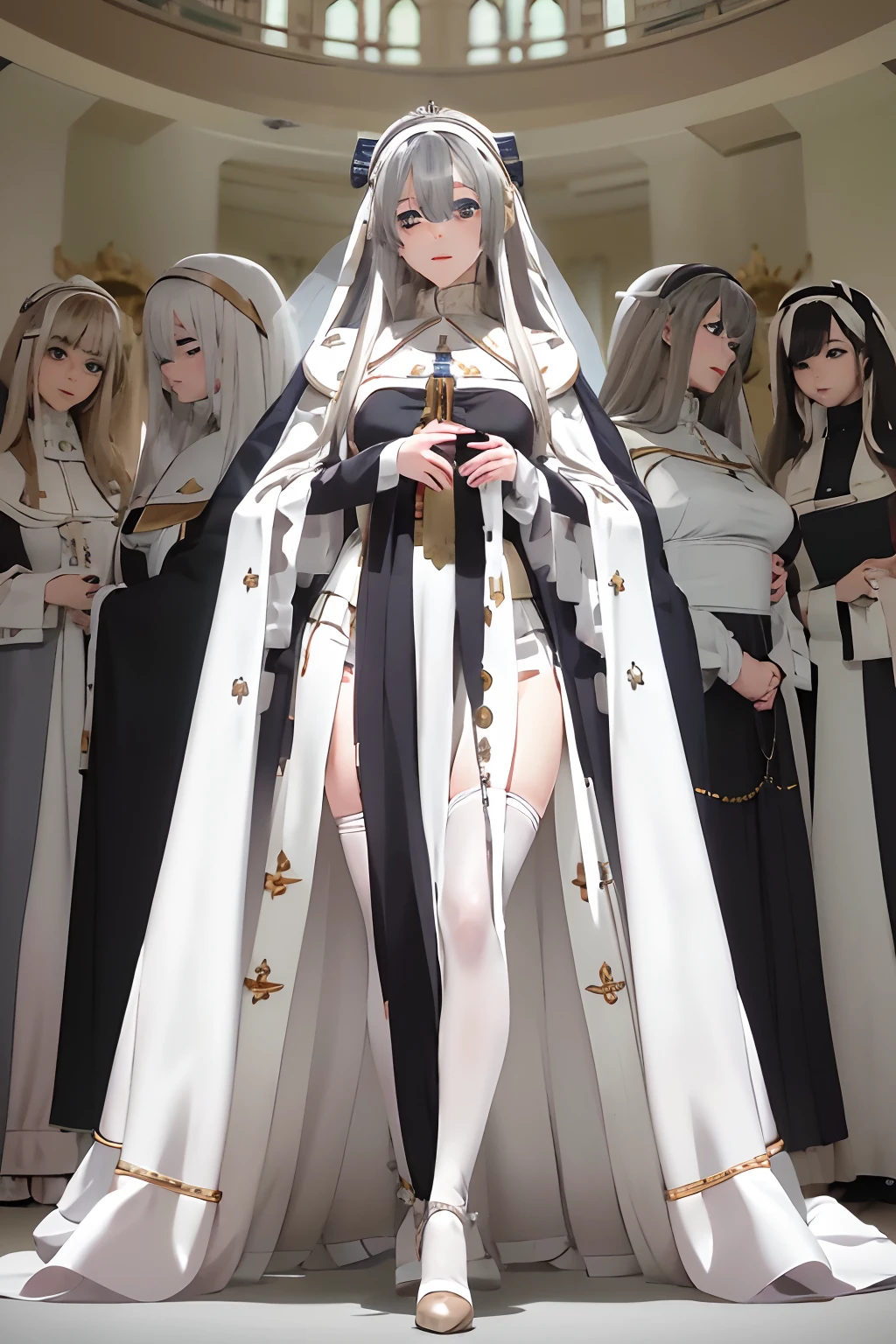 Masterpiece, best quality, Detailed, Detailed face, anime style, anastasia, blue eyes, gray hair, hair between the eyes, (hair and patch over one eye: 1.5), long hair, bangs, hair band, cape, brown hair band, wide sleeves, female religious clothing , wide sleeves, fur trim, tachi-e, royal tunic, white dress, white veil,( white nun's habit), white thighhighs, pelvic curtain, white heels shoes, revealing clothes,  Detailed clothes,  medium breasts, 
Hash lora 1 = .6 body, lora asuka, smile, open mouth, smiling, full body, pose, walking, in the park