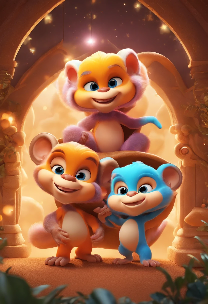 Three little monkeys,Holding a large peach,magical, Anthropomorphic,Upper body length,Short legs, Wear a futuristic machine,Carry mechanical weapons, The background is a colorful universe. pixar animation, Funky blind box, OC Render, Ray traching, High quality, High detail, high resolution, 8K, bust size