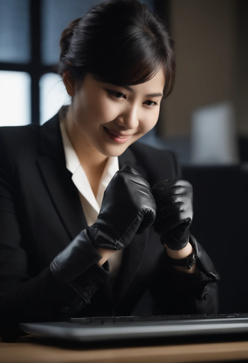 Wearing black leather gloves in both hands, upper body, black business suit, facing the desk in my room with a computer in the dark, looking down and smiling, operating the computer with the fingertips of black leather gloves, black hair bundled at the back for a long time, still young and very cute Japanese female new employee (black leather gloves cover both hands)