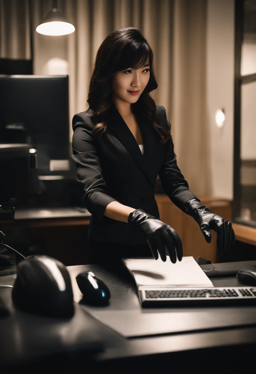 Wearing black leather gloves in both hands, upper body, black business suit, facing the desk in my room with a computer in the dark, looking down and smiling, operating the computer with the fingertips of black leather gloves, black hair bundled at the back for a long time, still young and very cute Japanese female new employee (black leather gloves cover both hands)