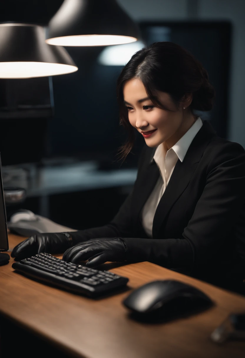 Wearing black leather gloves in both hands, upper body, black business suit, facing the desk in my room with a computer in the dark, looking down and smiling, operating the computer with the fingertips of black leather gloves, black hair bundled at the back for a long time, still young and very cute Japanese female new employee (black leather gloves cover both hands)