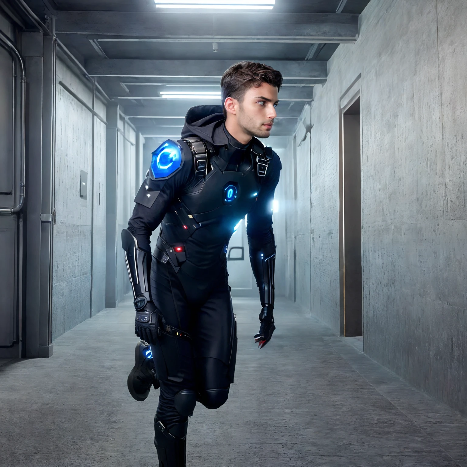 (extremely detailed CG unity 8k wallpaper,masterpiece),(best illumination, best shadow, an extremely delicate and beautiful),(1boy),blue eyes, dark hair,red and black sci-fi bodysuit,neck seal,high-tech sci-fi hallway, dynamic pose, detailed machinery, sleek design.
