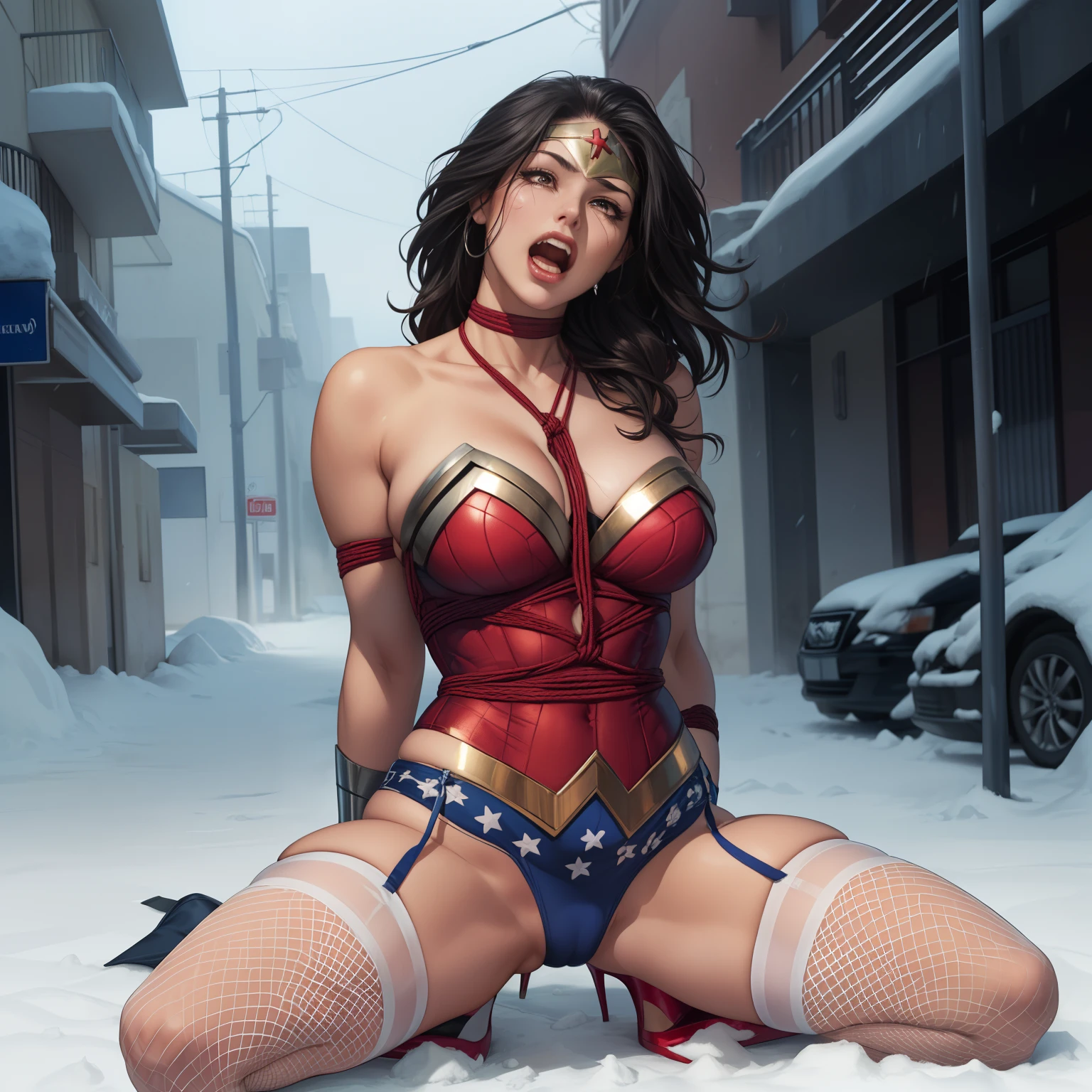 (She's wearing stiletto high heels) ((Your blouse is tattered, Your mesh is tattered, his uniform is tattered, seu traje esta esfarrapado, your clothes are tattered)), ((SUPERHEROINE Wonder Woman half crouched)), ((vezes, vagabunda, , vadia)) She's sweaty all over her body. (She's screaming in terror) , (She's terrified), (She's crying a lot), ((ela tem cabelo preto, ela tem cabelo longo)), ((She's wearing a Fishnet garter belt)), ((Wearing a thick metal necklace around the neck )), (She screams and begs for mercy), (Ela cai no choro), (Wearing a thick metal necklace around the neck with a chain), (Usando maquiagem pesada no rosto), (Your clothes are immoral, your clothes are indecent). , arms behind back:1.4), (hands on back), (obra-prima, melhor qualidade) 1.5, 1girl, sozinho, (, mulher bonita, rosto perfeito, olhos perfeitos), corpo inteiro, (, arms behind back:1.4), (hands on back), ((cabelos pretos)). ((High Definition Face)). (((She's in the middle of a blizzard with ice and snow, nevando muito))).