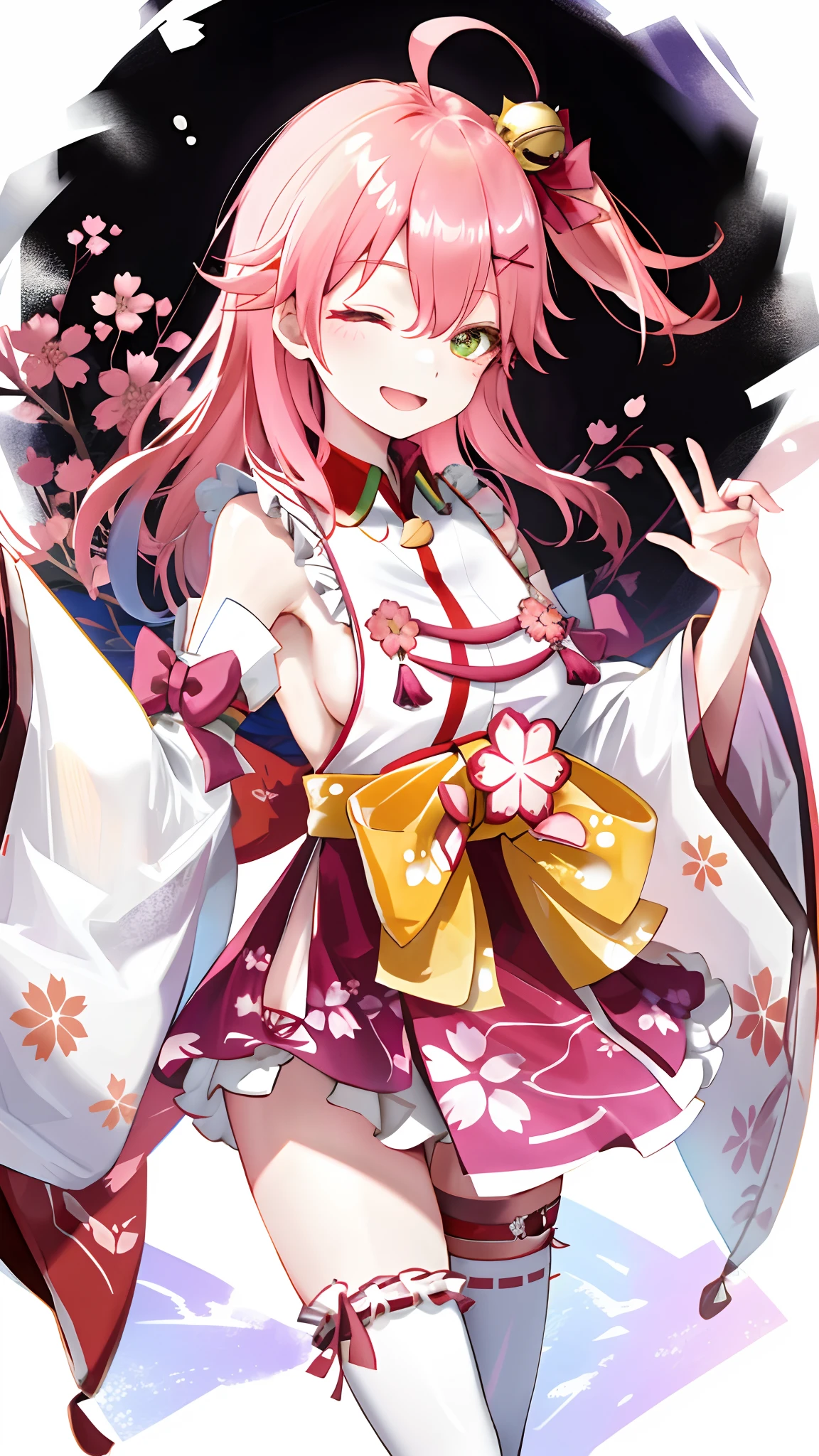 masterpiece, best quality, highres, miko1, sakura_miko, 1girl, green eyes, solo, ahoge, x_hair_ornament, pink_hair, floral print, hairclip, (sideboob:1.2), hair_bell, floral print, long_hair, hair between eyes, one side up, white thighhighs, asymmetrical legwear, wide sleeves, open_mouth,happy,close_eyes, smile,