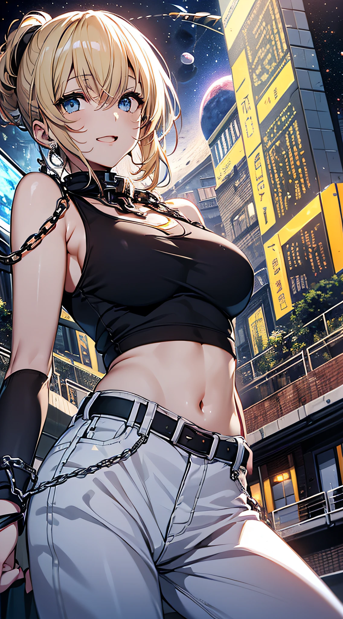 top-quality、Top image quality、masterpiece、girl with((18year old、tatteredclothing、Black Navel Tank Top、White pants、Best Bust、Bust 85、a blond、disheveled ponytail、Blue eyes、open chest wide、Happiness、Chain Accessories、Black wristband on wrist、Get on top of your audience、Top-down perspective))hiquality、visualart、Background with((Planetarium House))、masutepiece