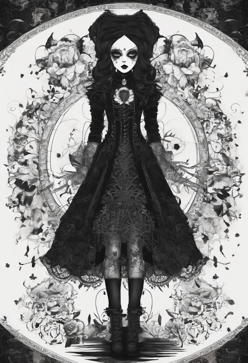 Full-body, fearsome and formidable, empowered savage young goth girl. Anthropomorphic, horror beatiful - looking goth girl fully tattooed holding goth toy