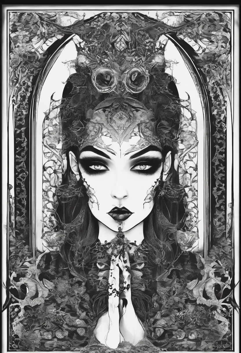Full-body, fearsome and formidable, empowered savage young little goth girl. Anthropomorphic, horror beatiful - looking goth girl fully tattooed holding goth toy