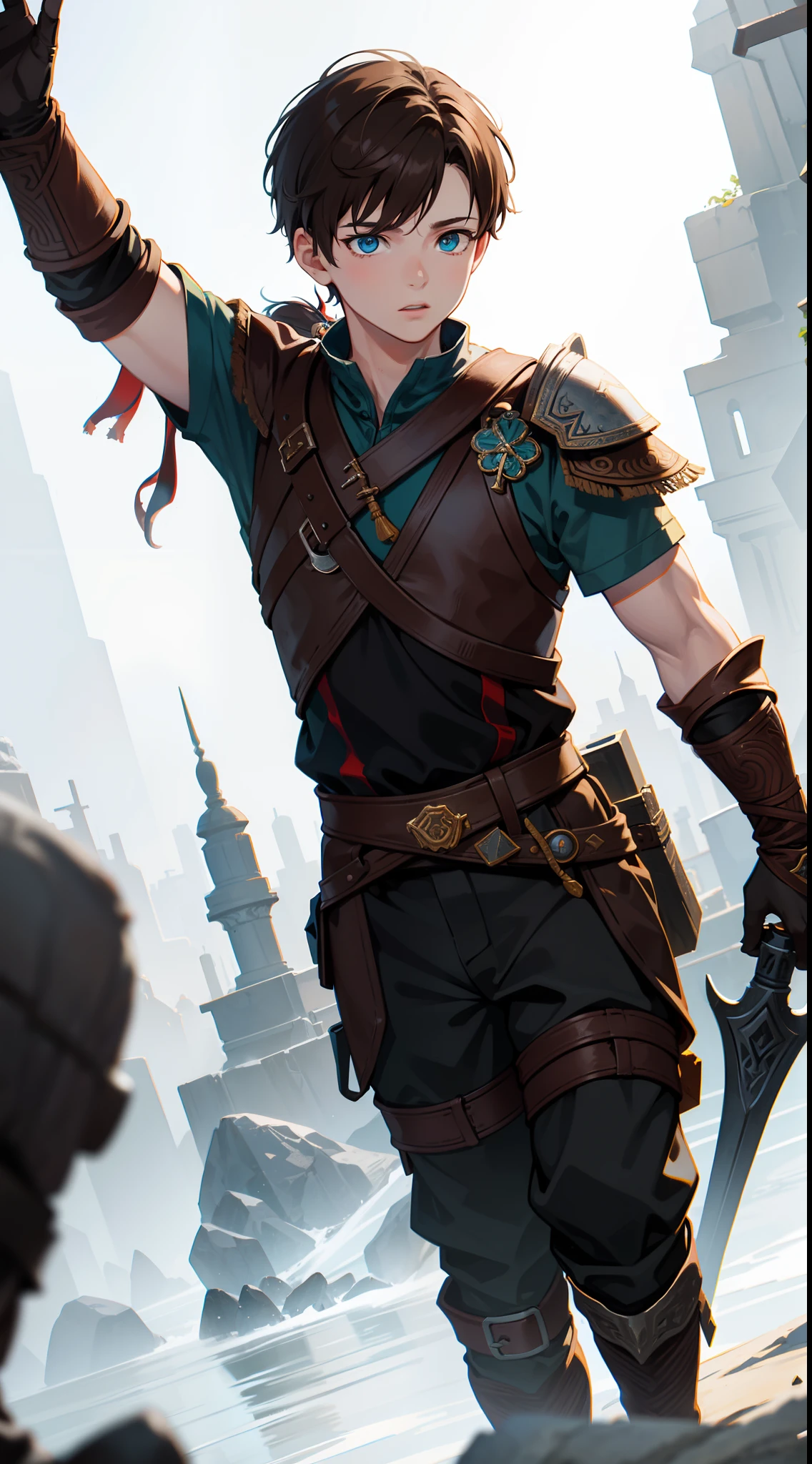 young boy, Atreus (God of War), Brown hair, Cyan eyes, Hunter's clothes, Viking, Masterpiece, hiquality, high detail, HD, 4k