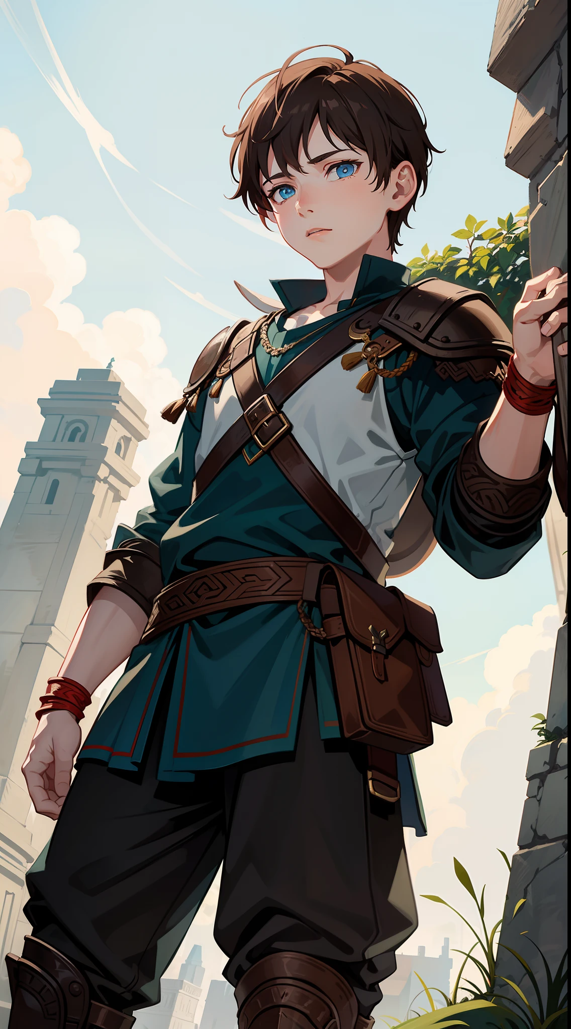 young boy, Atreus (God of War), Brown hair, Cyan eyes, Hunter's clothes, Viking, Masterpiece, hiquality, high detail, HD, 4k