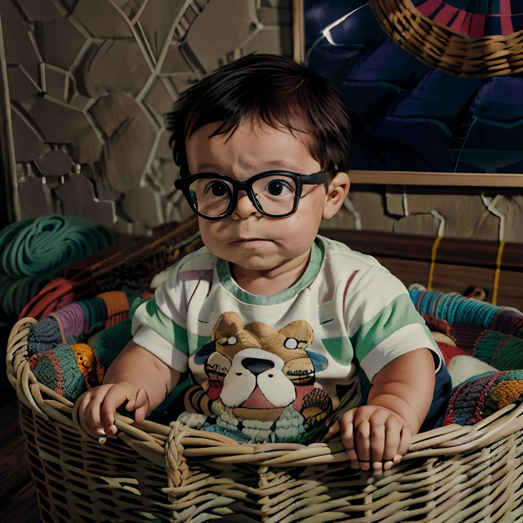 "A Studio Ghibli-style illustration of a 1-year-old baby boy wearing glasses, dressed in a striped knit sweater with a bear design on the front. He is inside a wicker basket filled with rolls of yarn. Studio illustration with chiaroscuro lighting, 8k quality."