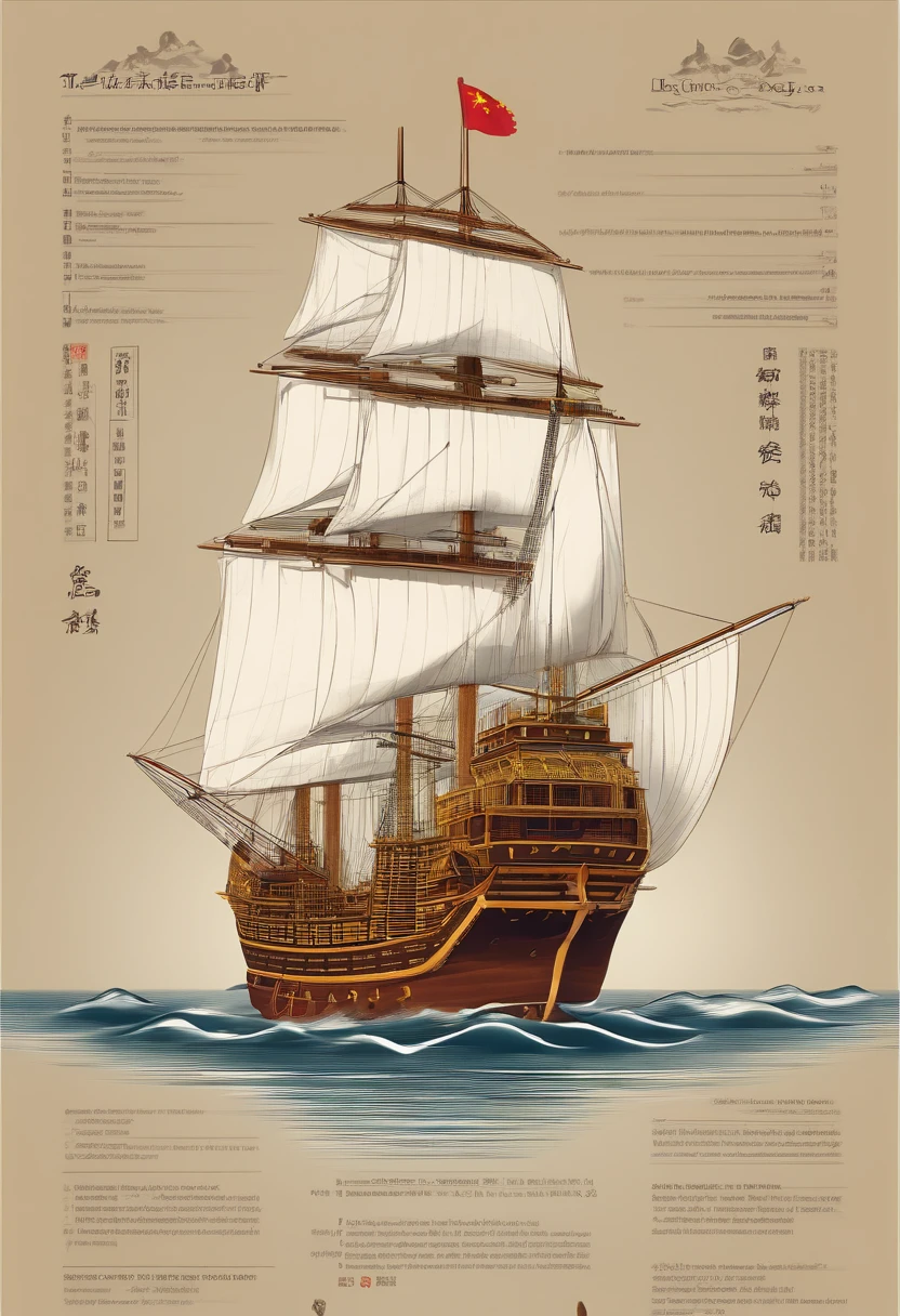 Zheng He treasure ship,Hull deconstruction and reorganization,Chinese pattern,Cutting the hull,constitute,Graphic illustration,Constructivism,abstracted,lichen,Simplified,Treasure ship cutting transformation,Vibrant colors,High contrast,Huge amounts of pubic,vector line art,blasts,disarray,Reconstructed hull filled with Chinese patterns,s fractal art