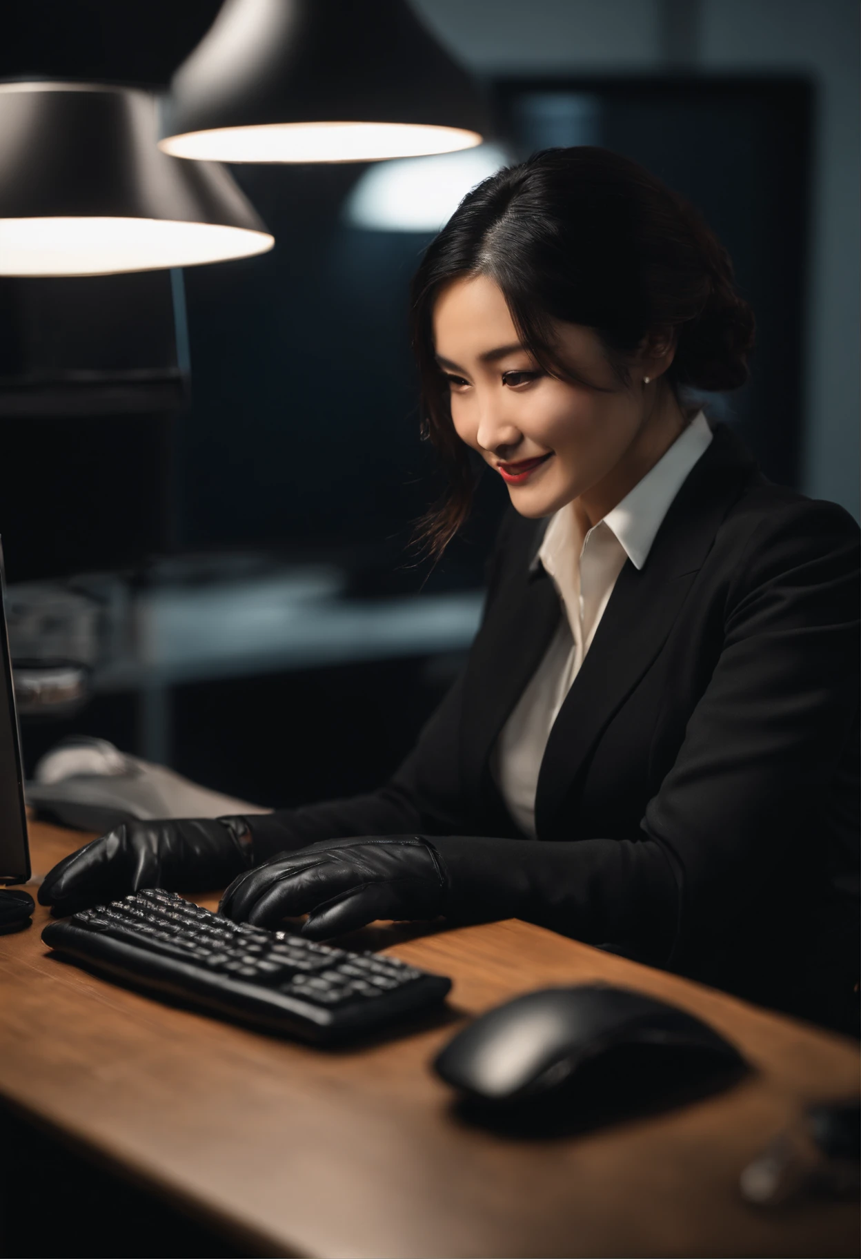 Wearing black leather gloves in both hands, upper body, black business suit, facing the desk in my room with a computer in the dark, looking down and smiling, operating the computer with the fingertips of black leather gloves, black hair bundled at the back for a long time, still young and very cute Japanese female new employee (black leather gloves cover both hands)