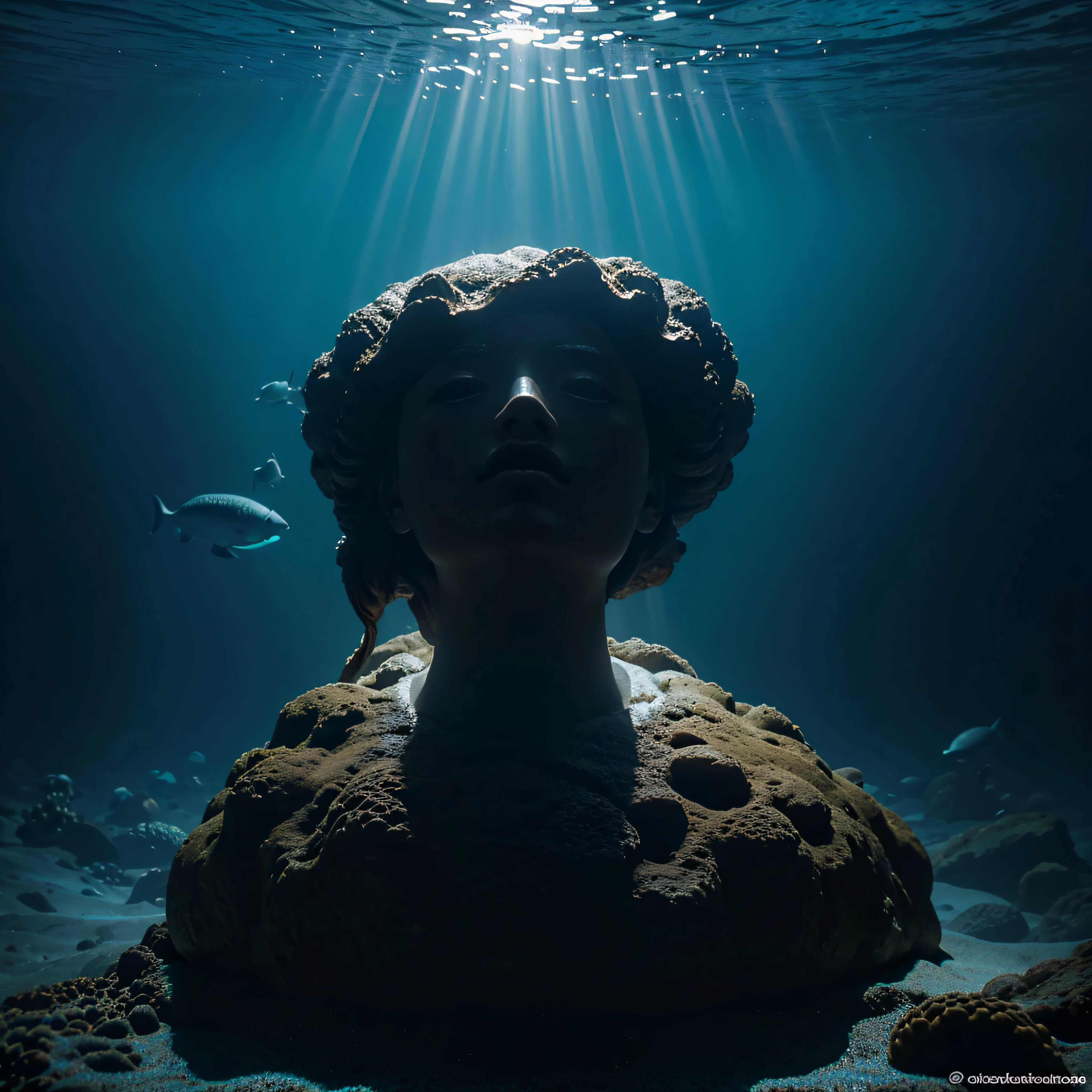 (extremadamente detallado, obra maestra, La mejor calidad, Under the Ocean), Estilo oscuro, volumetric illumination. textura de babosa, piel de caracol. ahogados flotando de fondo. Rococo composition.