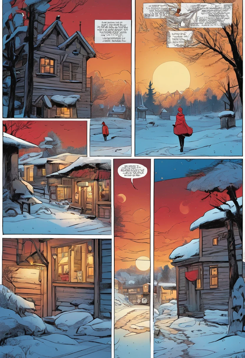 American comics, the comic story is presented in multiple irregular panels with color. A red head girl wearing a blue sweater, beanie and black tights walks through an empty snowy village at night. The style is exaggerated and detailed