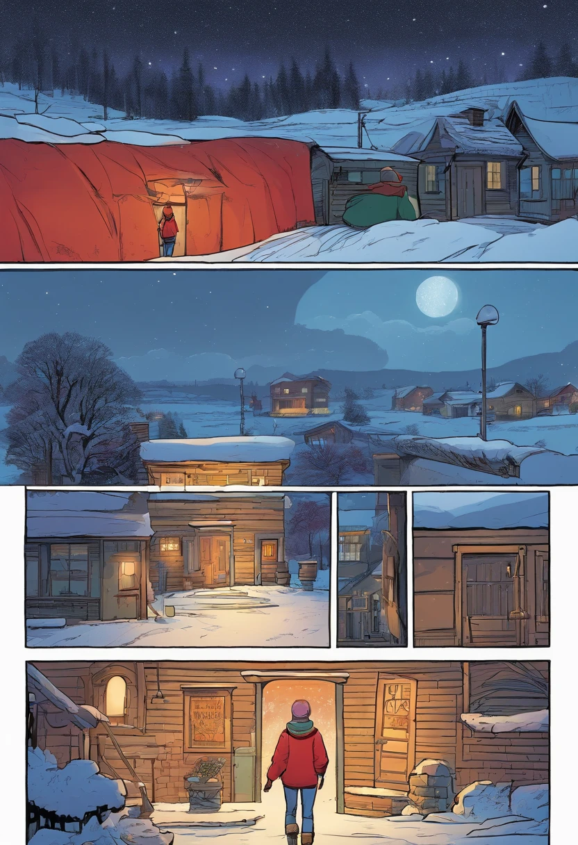 American comics, the comic story is presented in multiple irregular panels with color. A red head girl wearing a blue sweater, beanie and black tights walks through an empty snowy village at night. The style is exaggerated and detailed
