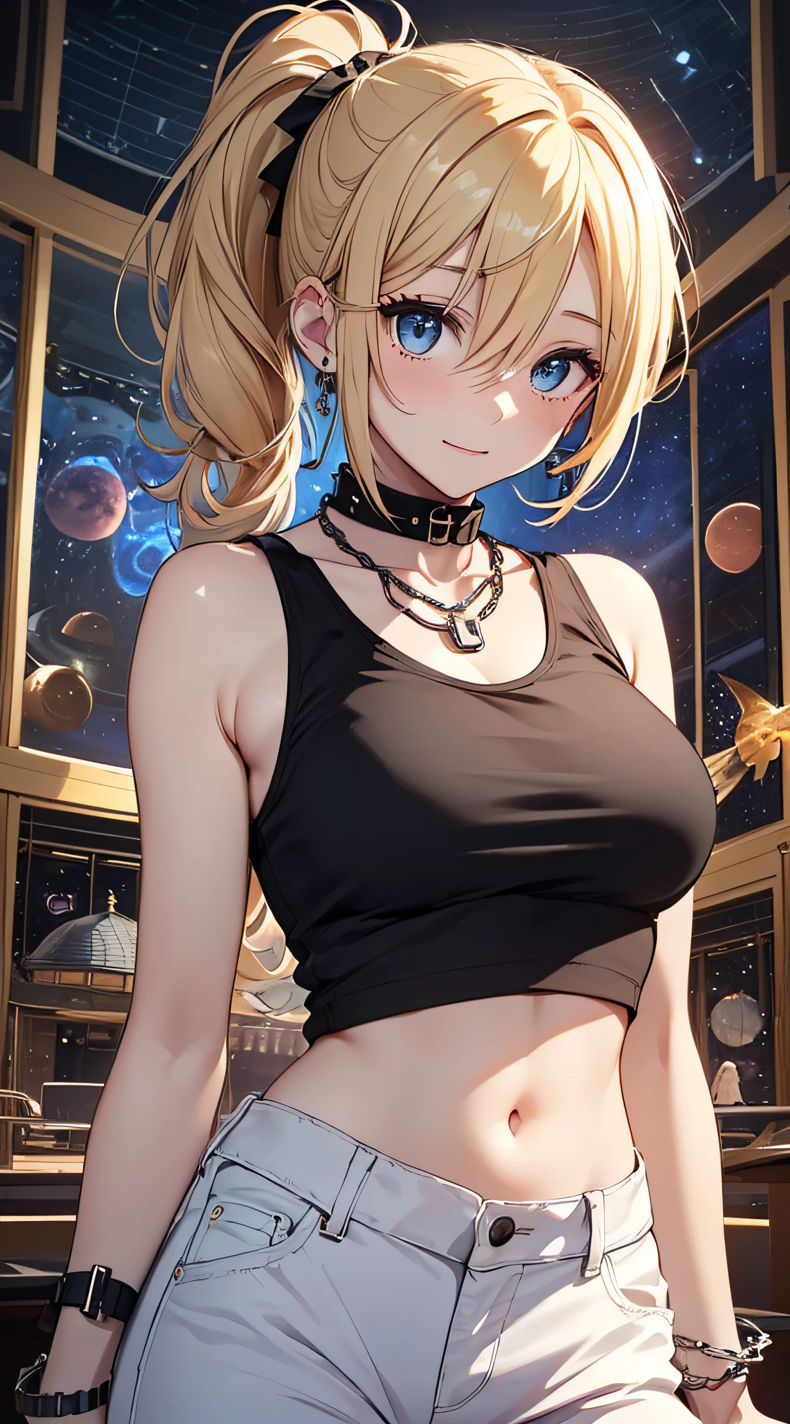 top-quality、Top image quality、masterpiece、girl with((18year old、tatteredclothing、Black Navel Tank Top、White pants、Best Bust、Bust 85、a blond、disheveled ponytail、Blue eyes、open chest wide、Happiness、Chain Accessories、Black wristband on wrist、Get on top of your audience、top-down perspective))hiquality、visualart、Background with((Planetarium House))、masutepiece