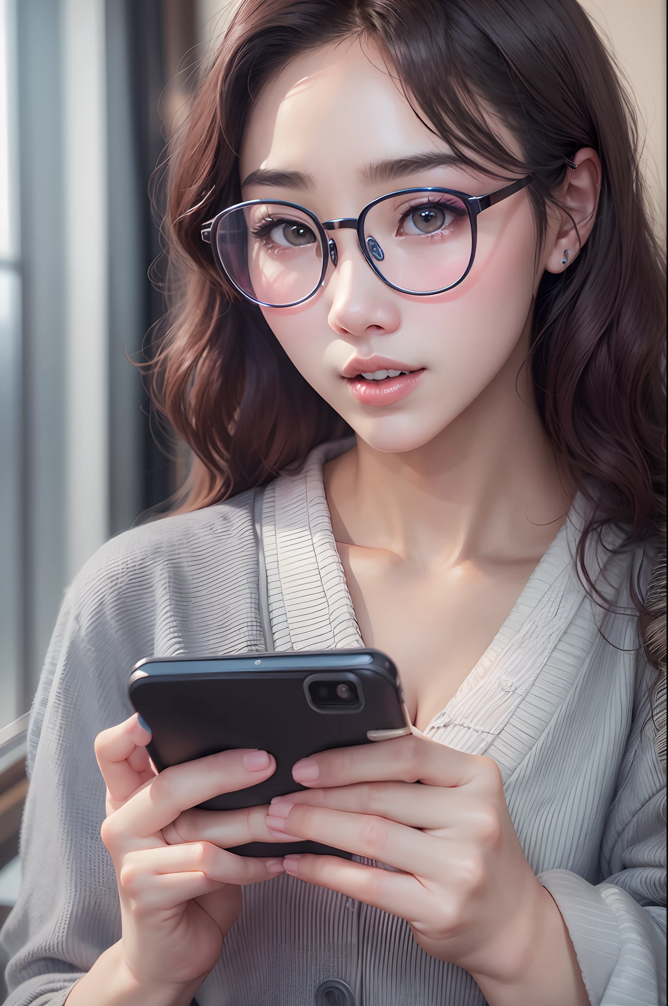 there is a woman checking schedule of dental with her phone and a remote, with glasses, korean girl, with glasses on, reluvy5213, gorgeous young korean woman, spectacled, wearing thin large round glasses, korean woman, thin round glasses, belle delphine, glasses, with square glasses, ( ( eye glasses ) ), thick round spectacles