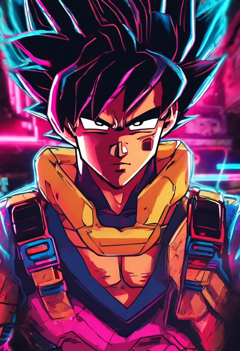 (best quality,highres,masterpiece:1.2),ultra-detailed,(realistic,photorealistic,photo-realistic:1.37),Son Goku,cyberpunk outfit,amazing shadows,perfect face,perfect hands,detailed clothing,impressive lighting,high-quality rendering,anime style,vivid colors