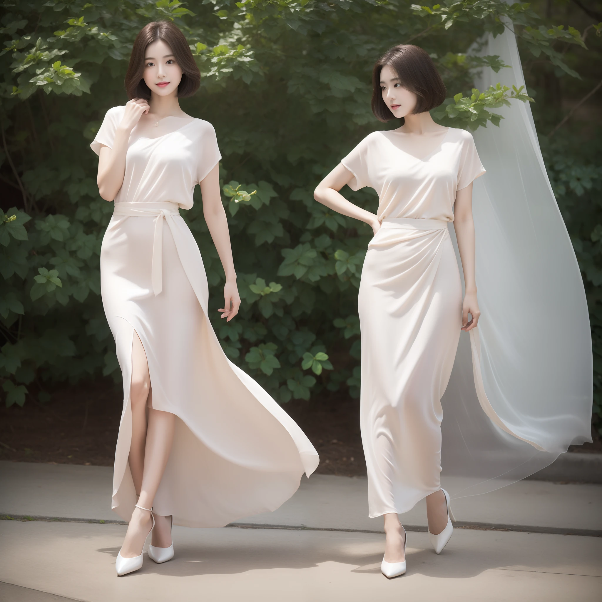 tmasterpiece，RAW photogr，hyper HD，1 beautiful woman，独奏，Wear a light pink tunic，Plain white silk skirt，Slightly thin，Eyebrows are picturesque，Stunning beauty，Under the slender jade neck, The crispy chest is like condensed white jade，half covered, Half-concealed，A bundle of plain waist slender，A pair of long ones, Moist, Well-proportioned legs are exposed，Beautiful lotus feet give out a seductive invitation，Beautiful hairstyle（short detailed hair），Delicate hair，concave，Show beauty，fully body photo