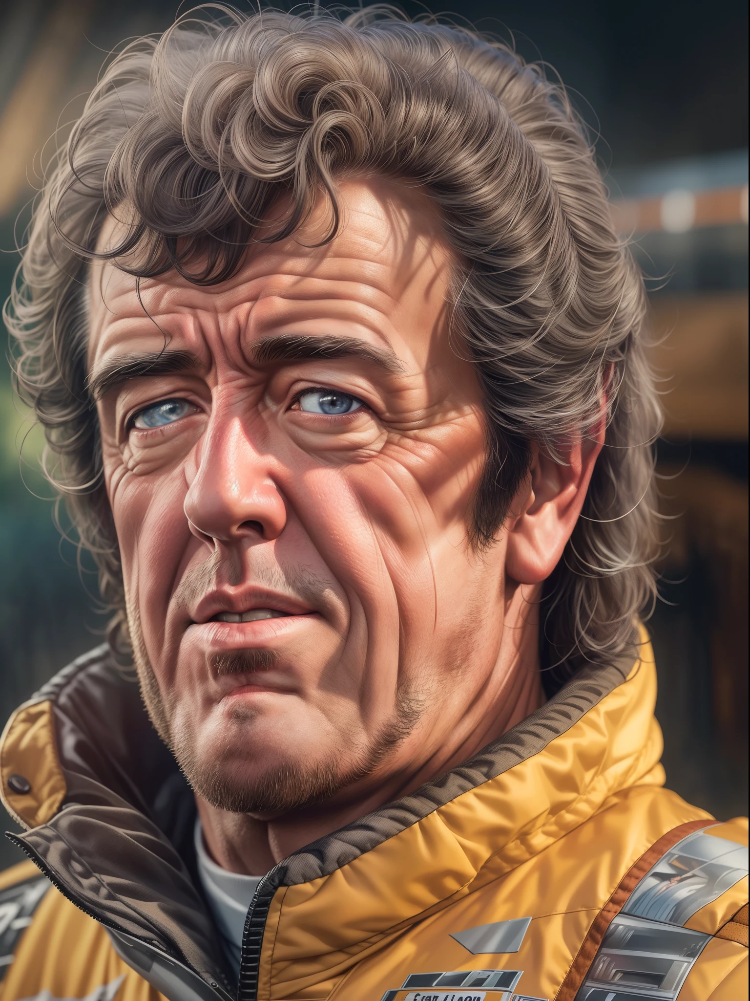 A photo realistic Jeremy Clarkson. masterpiece professional hyper realistic artwork of Don Lawrence, detailed face, insanely detailed and intricate, volumetric lighting, professional color grading by Kenneth Hines Jr., outdoors at the start lane. 80's European Color Comic Style