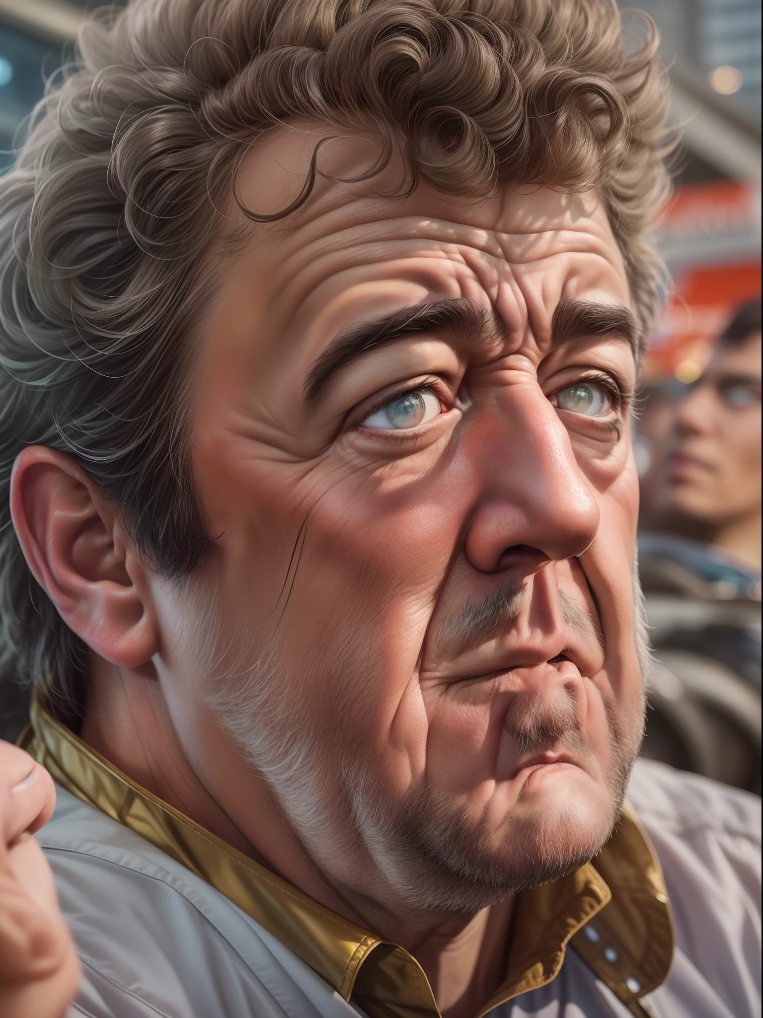 A photo realistic Jeremy Clarkson. masterpiece professional hyper realistic artwork of Don Lawrence, detailed face, insanely detailed and intricate, volumetric lighting, professional color grading by Kenneth Hines Jr.,  outdoors at the start lane. 80's European Color Comic Style