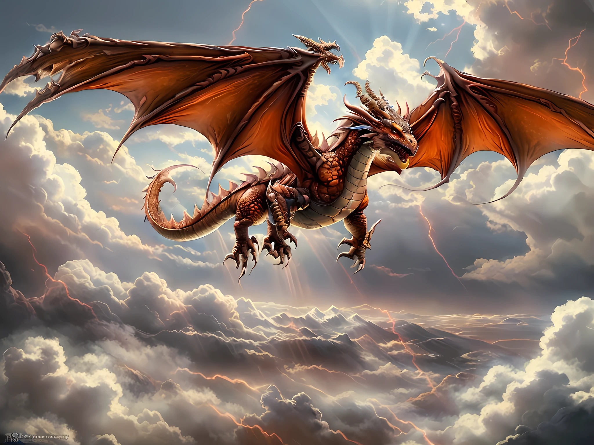 a picture of a red dragon flying in the sky (best details, Masterpiece, best quality :1.5), dragon_real cloudy skies background, an epic red dragon (best details, Masterpiece, best quality :1.5) extremely detailed dragon,  horns, breathing flame red fire, dragon_wings, dragon wings wide spread, ultra detailed face,  birds view, sun rays, red divine rays, sun rays reflected in clouds (best details, Masterpiece, best quality :1.5), sense of dread, sense of awe majestic atmosphere, ultra best realistic, best details, best quality, 16k, [ultra detailed], masterpiece, best quality, (extremely detailed), ultra wide shot, photorealism, depth of field, hyper realistic painting,