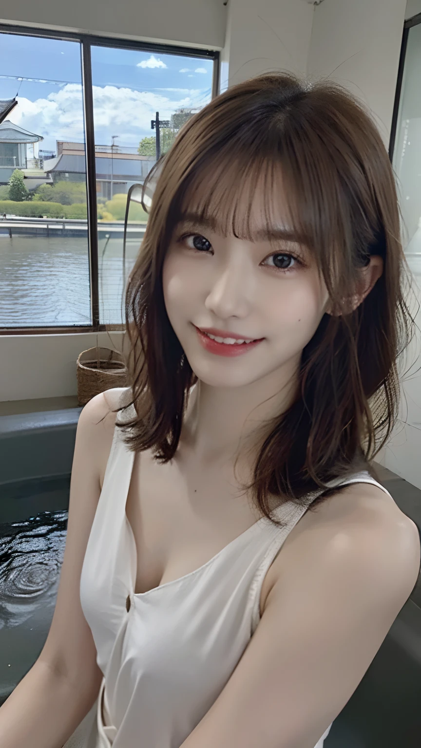 8K、High definition、Ultra Detail、Photorealistic、High resolution、Realistic and accurate depiction、Realistic and accurate human anatomy、Highest quality、Japanese women、masterpiece, Highest quality, Raw Photorealism, smile 、Slender Beautiful Girl, cute, Random Hairstyles, Beautiful and soft breasts, Depth of written boundary, High resolution, Ultra Detail, Very detailed eyes and face, Cinema lighting,Detailed Background,Large open-air bath、Japanese hot springs、Cover yourself with a large square towel、Slim figure、night、Hold a large square towel、Soak in hot water、hostel、Taking a bath、Crowd behind、There are other customers