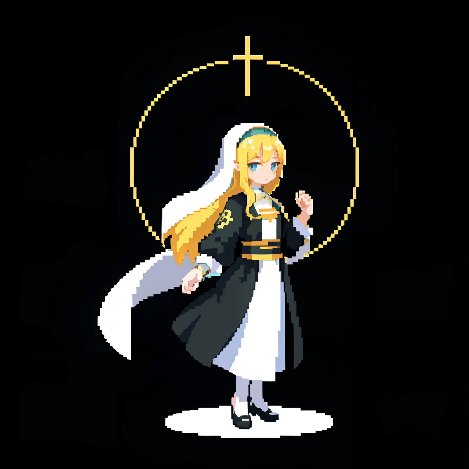 masterpiece, top quality, best quality), pixel,pixel art, 1 girl, praying nun, religious, fullbody, transparent background, long hair, blonde, balance of justice,