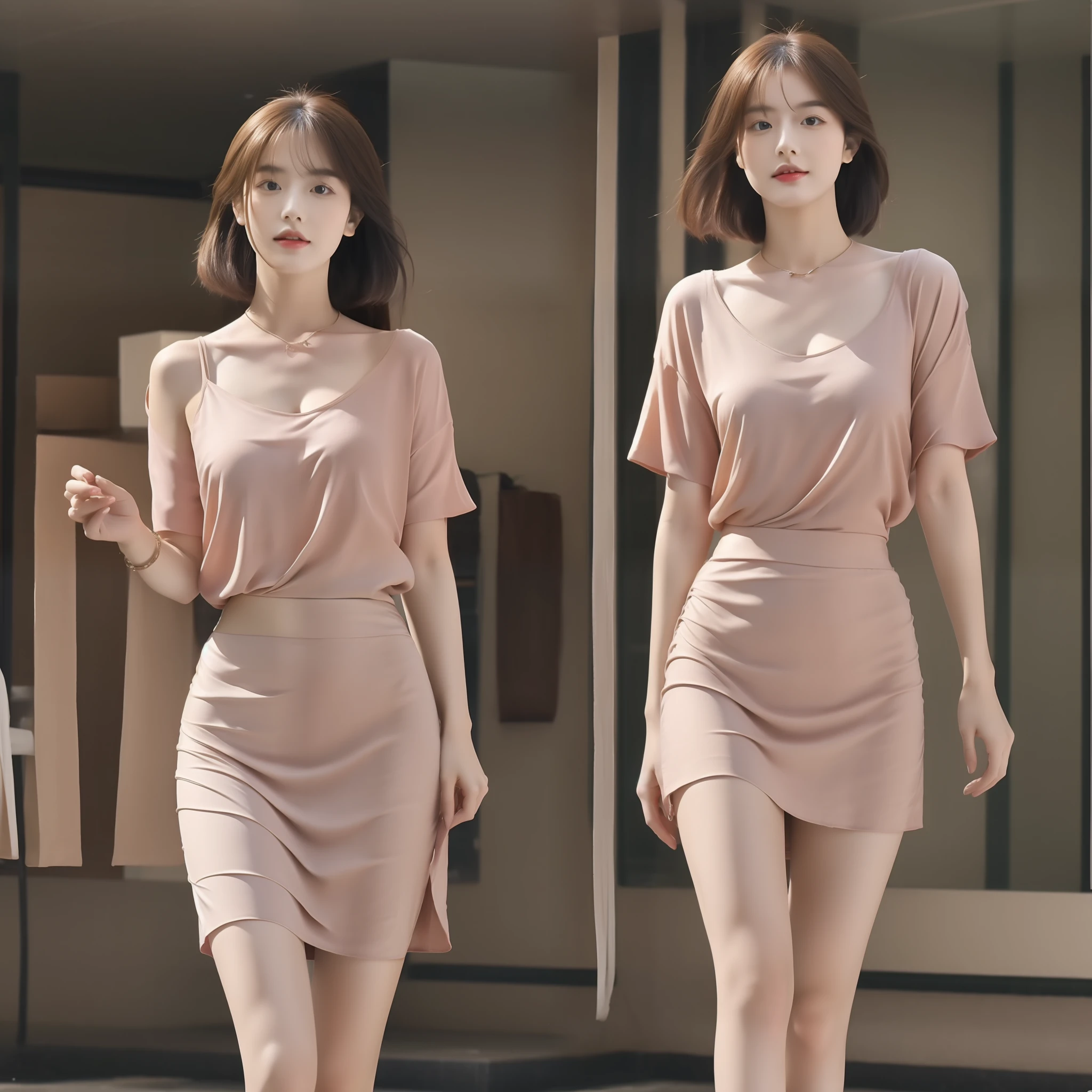 tmasterpiece,RAW photogr,hyper HD,1 beautiful woman,独奏,Wear a light pink tunic,Solid silk sheer skirt,Slightly thin,Eyebrows are picturesque,Stunning beauty,Under the slender jade neck, The crispy chest is like condensed white jade,half covered, Half-concealed,A bunch of plain waist slender,Long, Moist, Well-proportioned legs are exposed,Beautiful lotus feet give out a seductive invitation,Beautiful hairstyle(short detailed hair),Delicate hair,concave,Show beauty,fully body photo