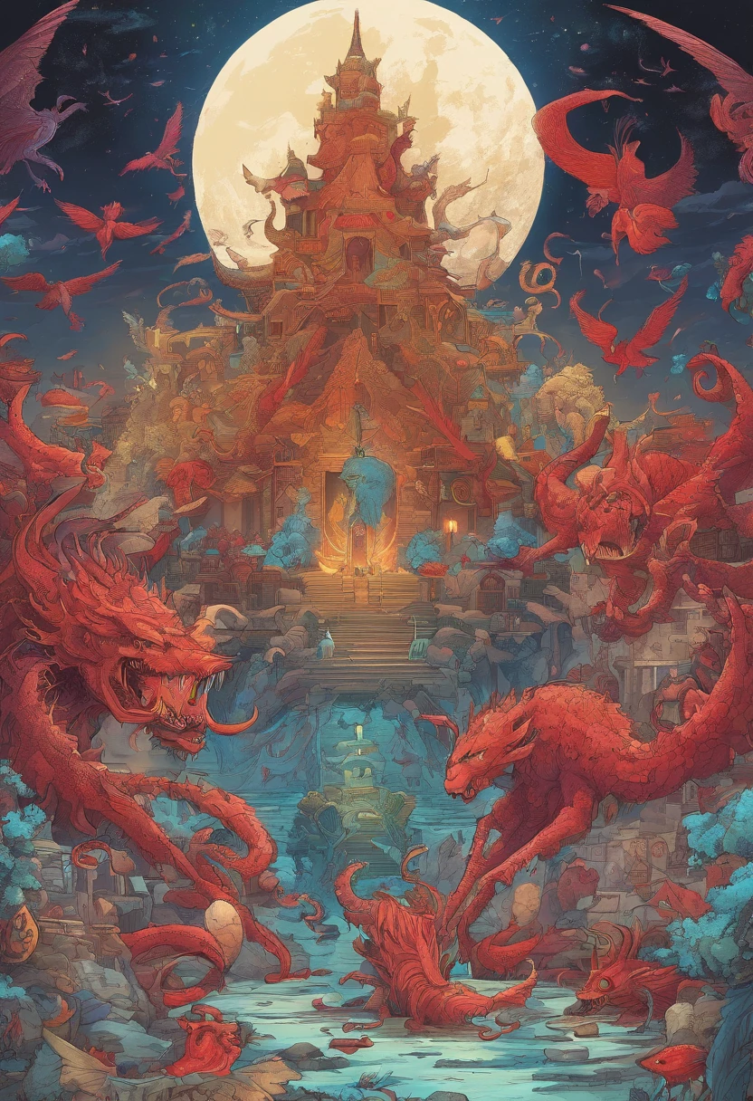 Strange monsters in a fantasy world,Blood,Moon Night,中景 the scene is,Full body like, highly detailed surreal vfx,oc rendered,Shot with 70 mm - AR 16:9 --q 2 --s 1000