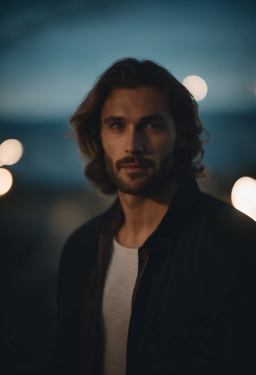 The handsome man's face loomed in a flashing blue light, His eyes are white, His hair looked as if it had just been washed and blow-dried, His eyes looked gloomily into the camera,The whole picture is like a blurry mirror