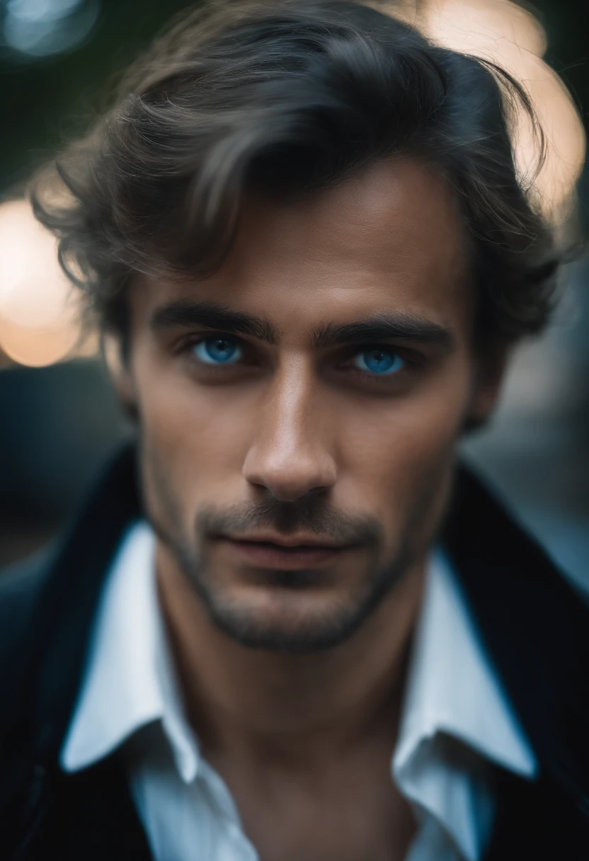 The handsome man's face loomed in a flashing blue light, His eyes are white, His hair looked as if it had just been washed and blow-dried, His eyes looked gloomily into the camera,The whole picture is like a blurry mirror