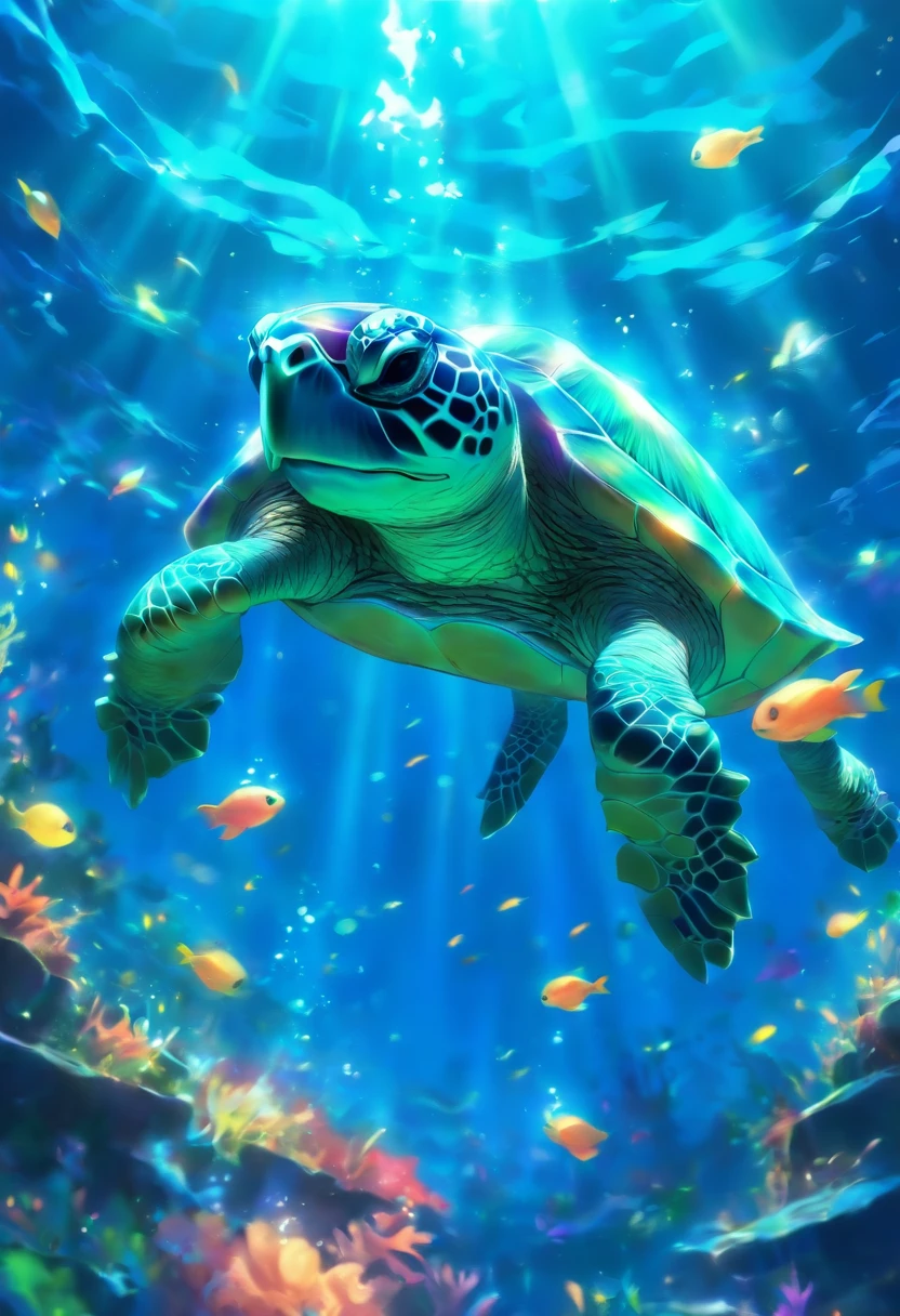 a glowing turtle underwater