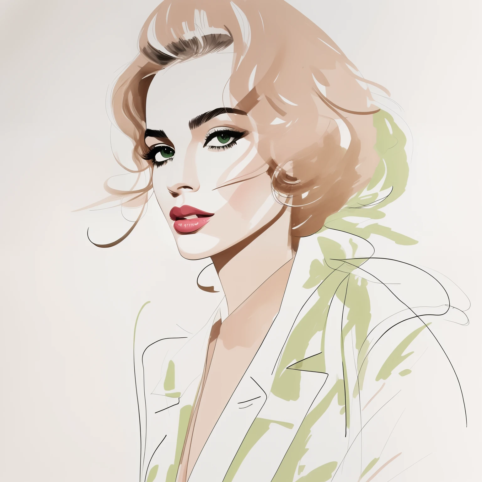 David downton fashion illustration, mustafa soydan drawing, line art sketch on a white background, beautiful woman face portrait, slim figure, jacket, natural color, rose color, gentle green, beige