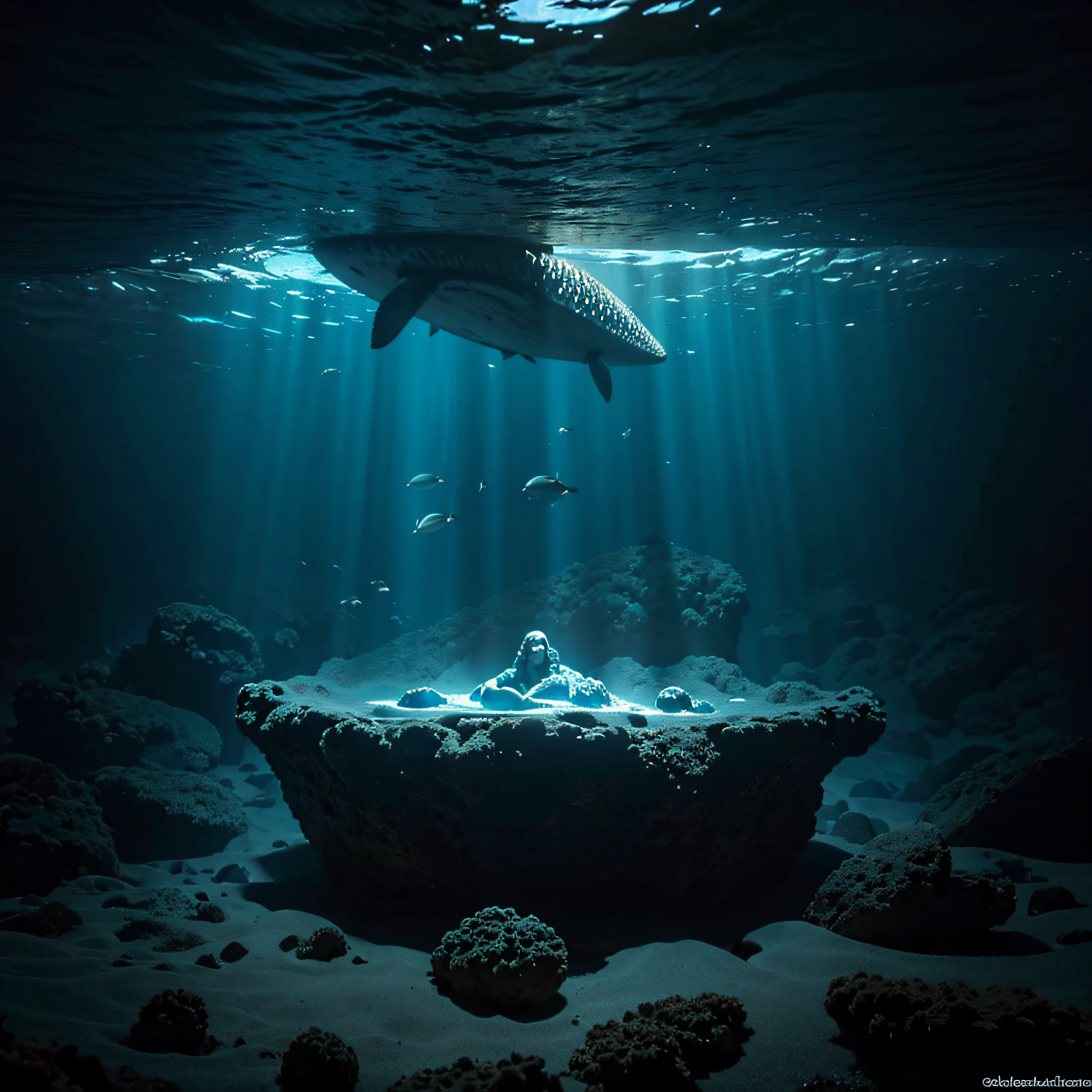(extremadamente detallado, obra maestra, La mejor calidad, Under the Ocean), Estilo oscuro, volumetric illumination. textura de babosa, piel de caracol. ahogados flotando de fondo. Rococo composition.