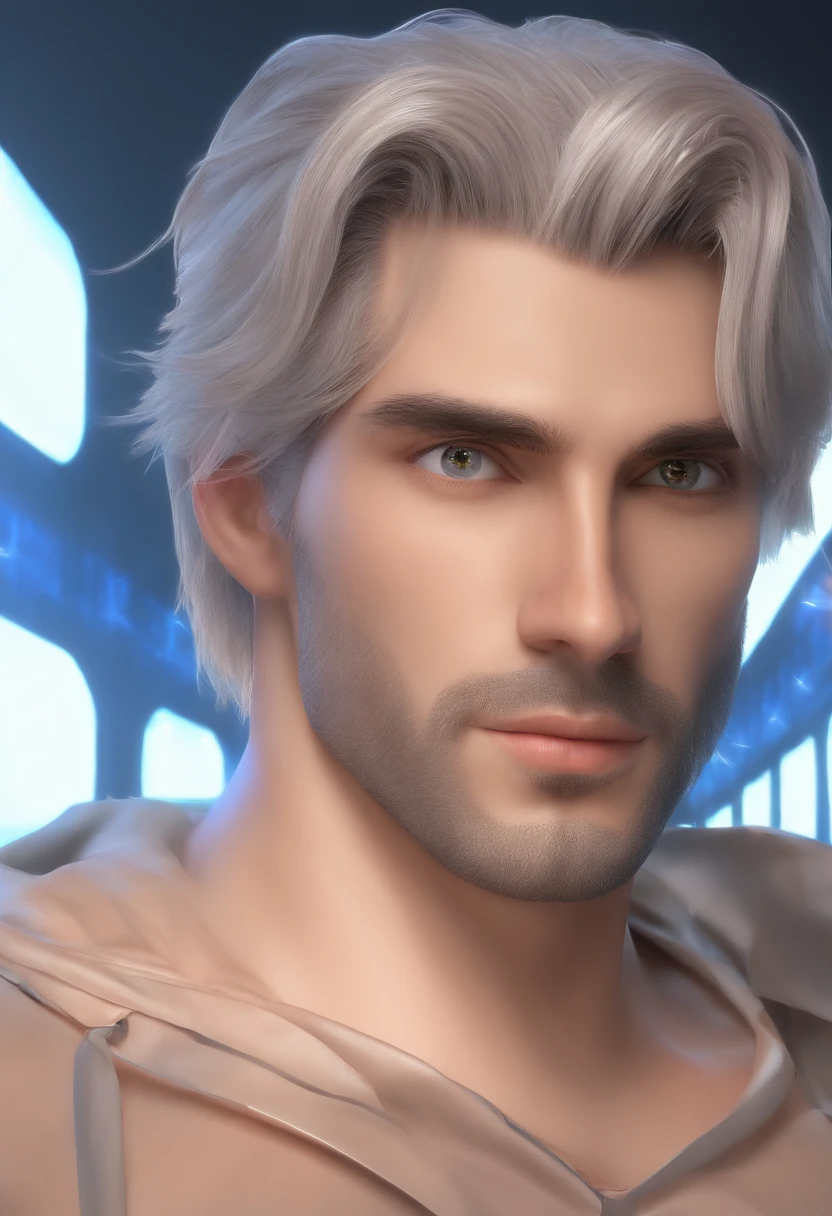 The handsome man's face loomed in a flashing blue light, His eyes are white, His hair looked as if it had just been washed and blow-dried, His eyes looked gloomily into the camera,The whole picture is like a blurry mirror