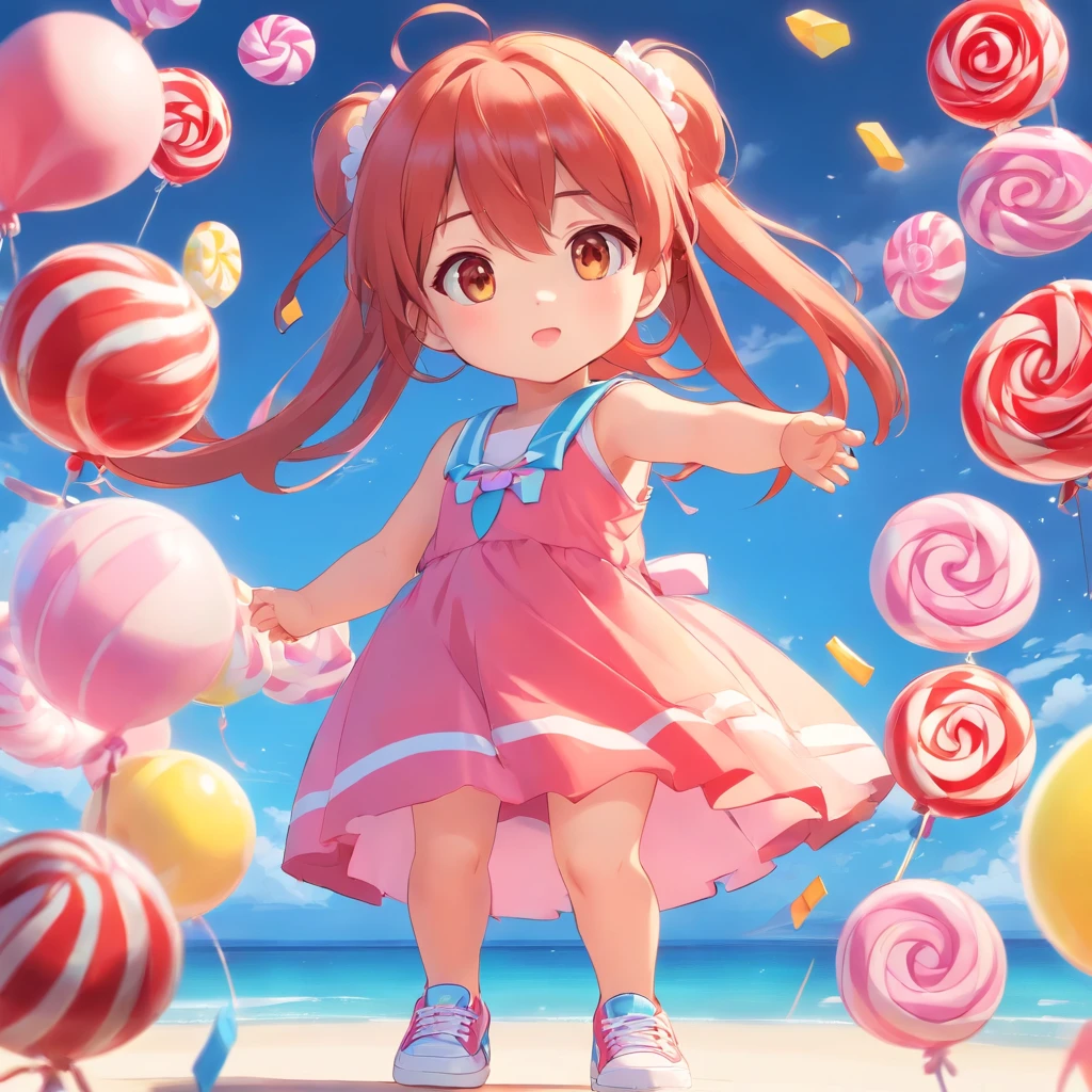 cute, chibi, a , light skin, golden eyes, red long hair, pink and blue pastel color party dress with candy designs, white sneakers, portrait, 3D rendering, high quality, ( plain background), (perfect hands), (full body), female, 8k